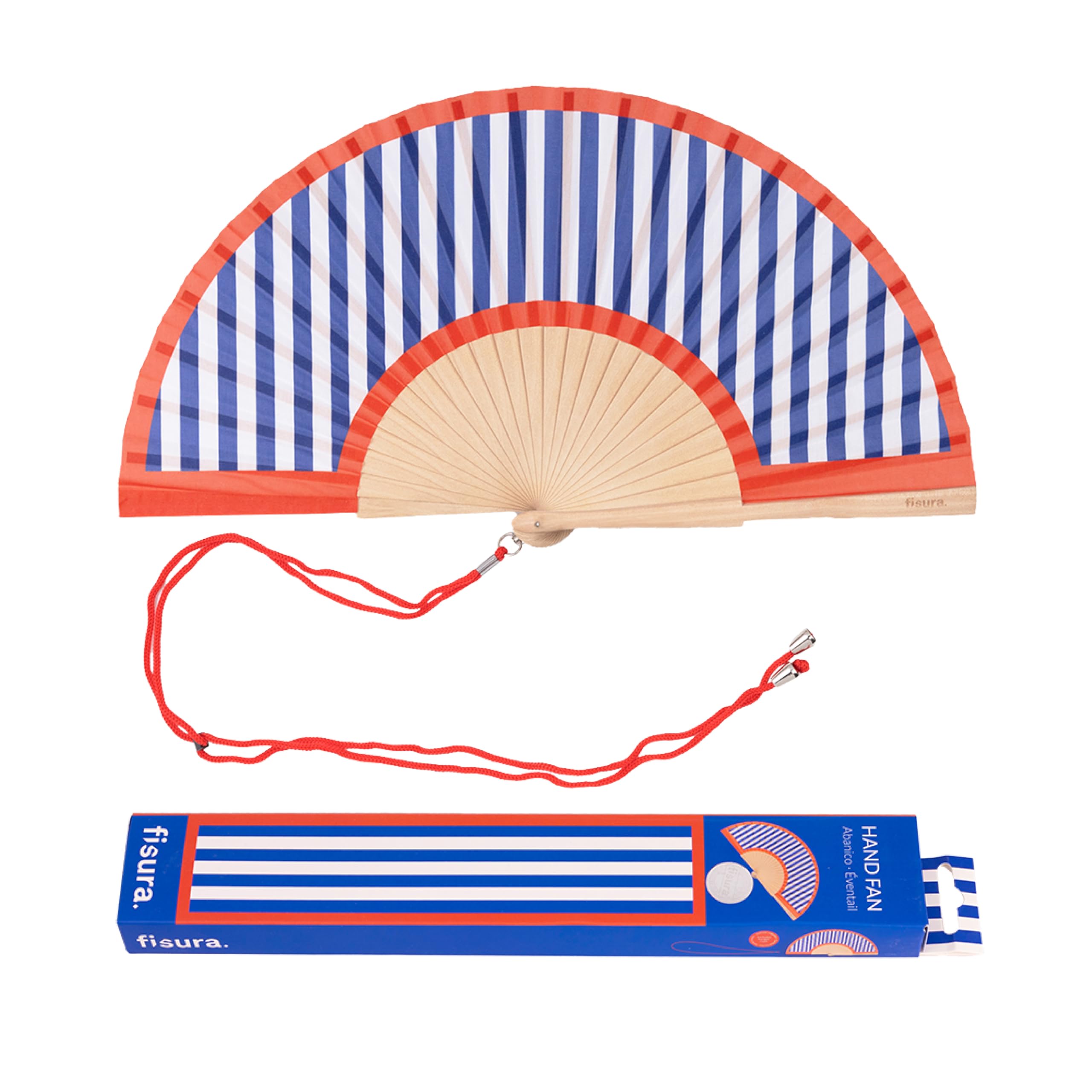 Fisura โ Original Folding Fan with Stripes Print, Modern and Colourful Folding Handheld Fan, Blue & Red Design for Wedding, Rave, Festival -Includes Strap. Size: 42.5 x 23 cm