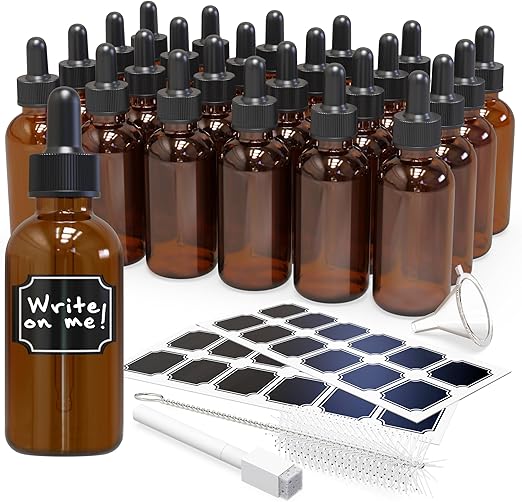 Nevlers 24PK 2 Oz Amber Glass Dropper Bottle | Leakproof Bottle with Dropper Set with Label Stickers, Funnel, Cleaning Brush, & White Glass Marker
