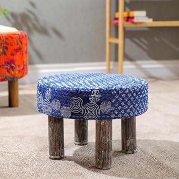 Desi Favors Kantha Pouffe Ottoman - Vintage Blue Kantha & Wood, Traditional Pidda Fabric Stool, Indian Handmade Embroidered Footstool, Ethnic Bench - 16x11 Inch