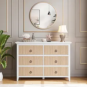 GAOMON 6 Drawer Dressers for Bedroom, Modern Long Dresser Chest with Large Drawer, Waveform Fluted Panel Design, Wooden Chest of Dresser Storage Cabinet Organizer, Antique Profile, Anti-Tipping