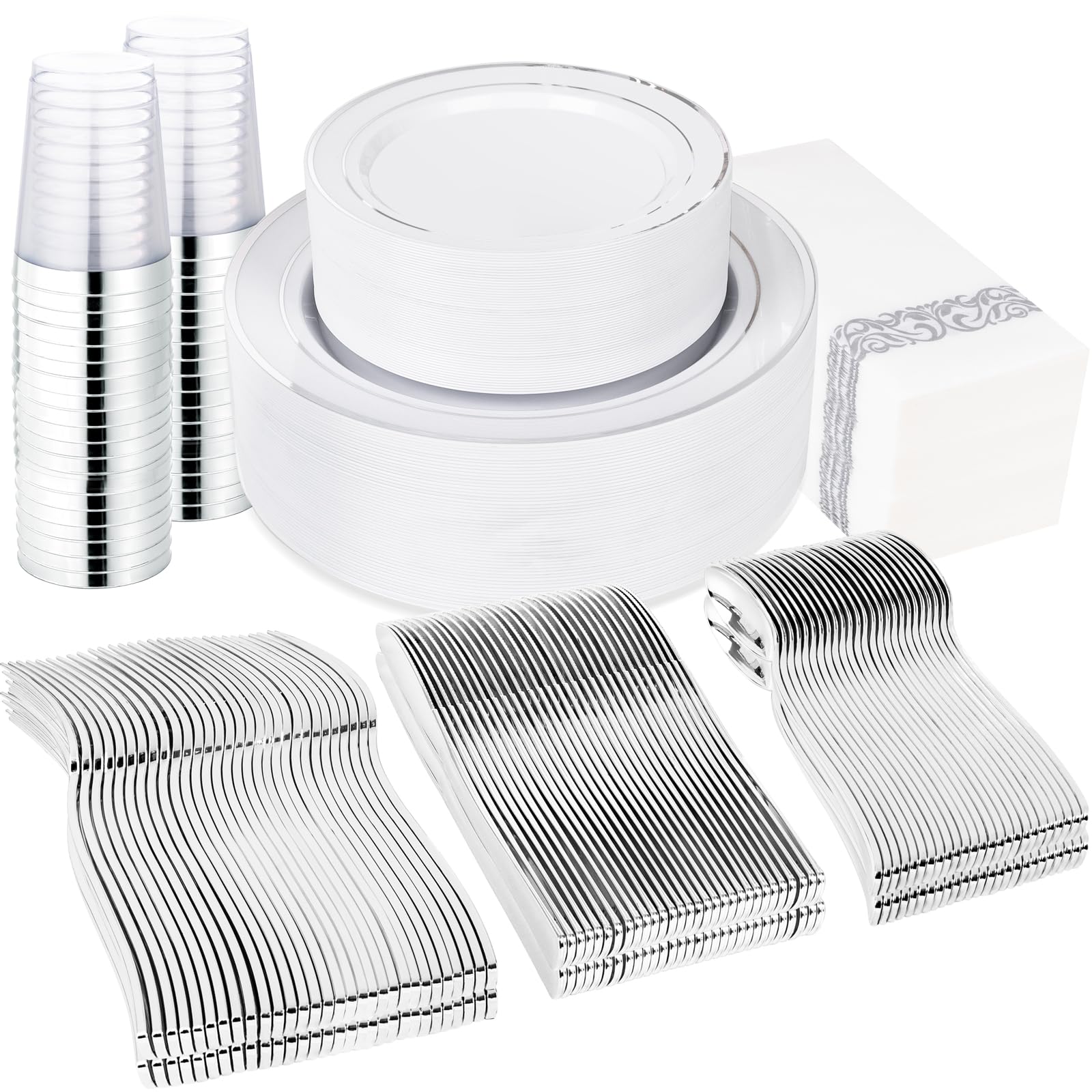 Supernal 400pcs Silver Plastic Dinnerware Set Include Silver Plastic Plates Plastic Dessert Plates 50 Spoons, 100 Forks, 50 Knives, 50 Cups, 50 Napkins, Plastic Plates for Thanksgiving, Christmas