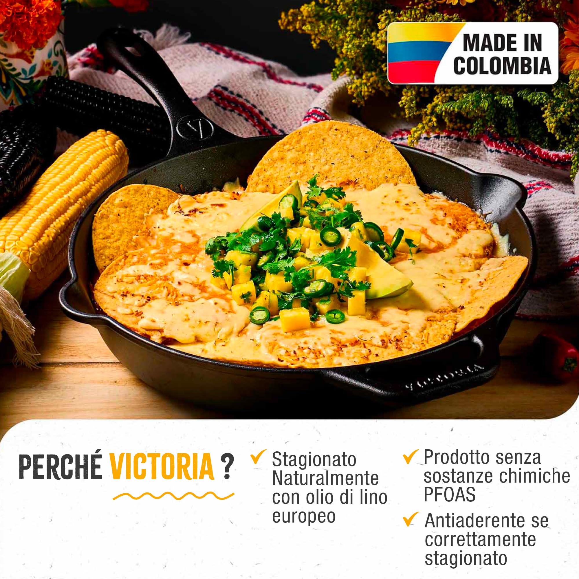 VICTORIA Padella in Ghisa Stagionata 30 cm Day of the Dead La Calaca, per Fuoco, Barbecue, Forno, Induzione e Gas, Cast Iron Skillet Senza Sostanze Tossiche, Senza PTFE e PFOA