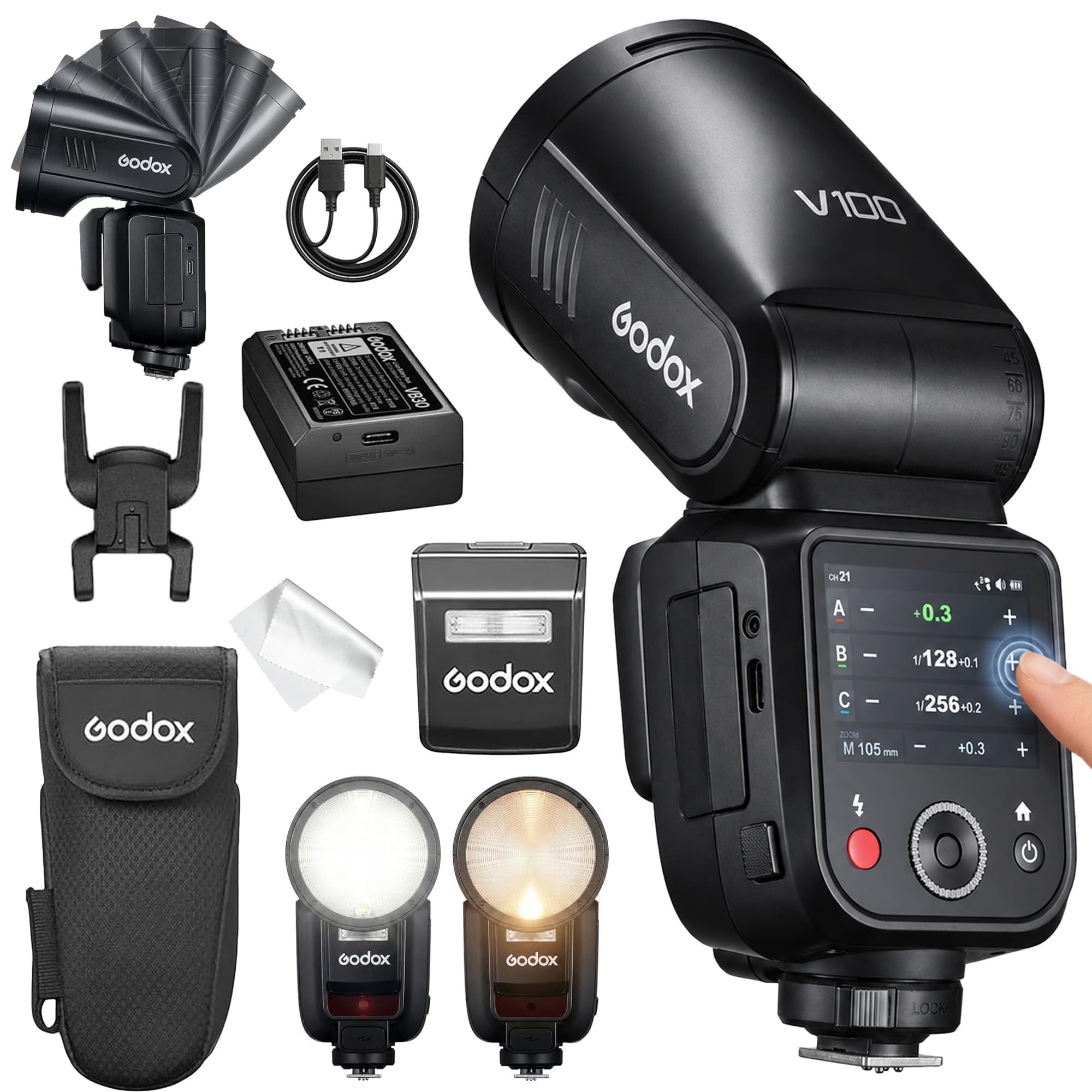 GODOX V100 S Kamera Blitz für Sony, V100S 100Ws Rundkopf Blitzgerät mit 2.3" Touchscreen, 1.7s Recyclingzeit, 2980mAh Li-Ion Akku für 400 Volllast-Blitze, für a7 iii a7c a7IV a7c a7RV a9III