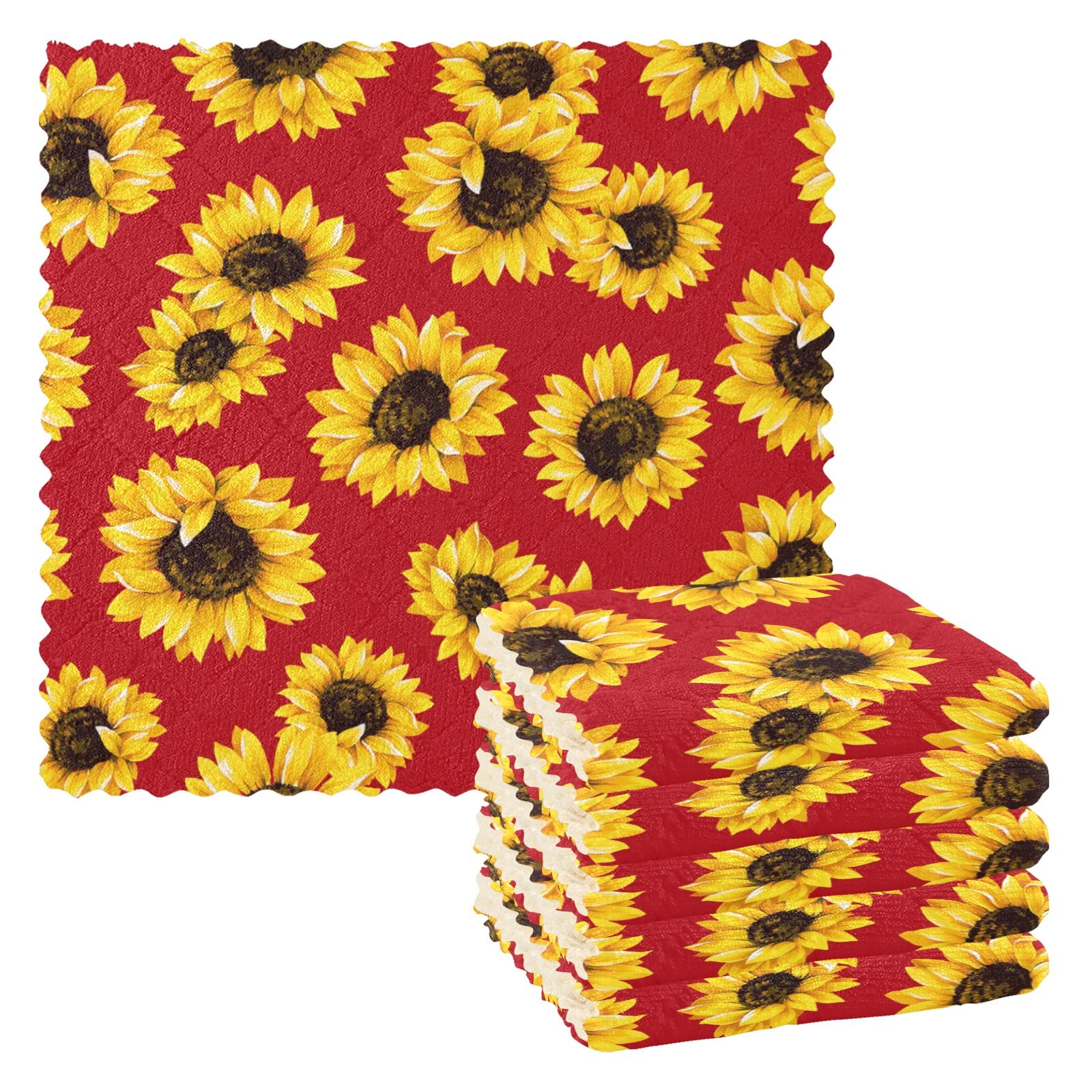 JUAMA Sunflower Red Background Kitchen Dish Cloths Sets Machine Washable Highly Absorbent [Pack of 6, 11 x 11 inches] Dish Towels Rags for Washing Dishes Tea Wipe Glass Home