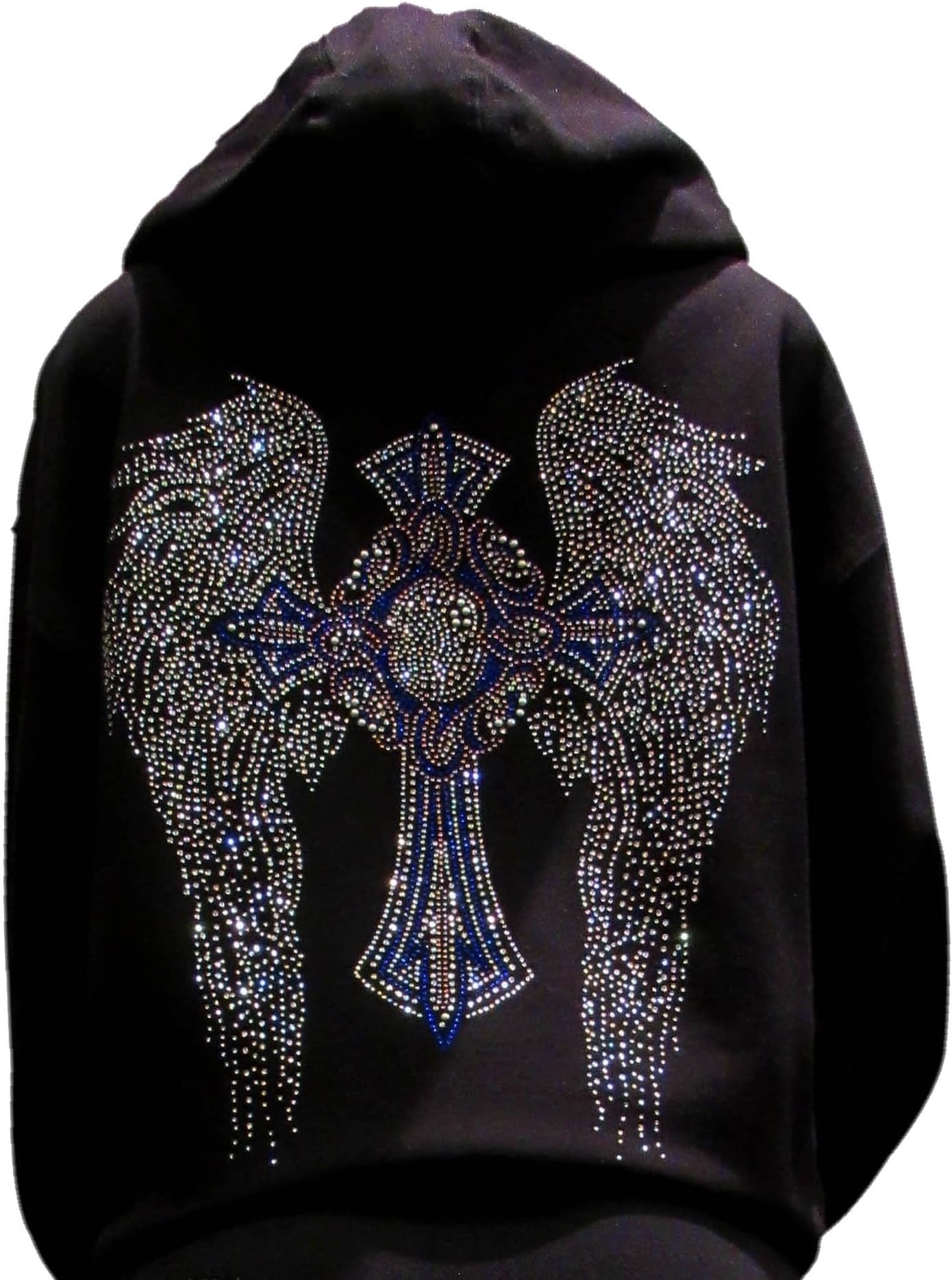 Multicolor Rhinestone Cross & Angel Wings Unisex Adult Black Zipper Hoodie XS-2XL