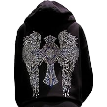 Multicolor Rhinestone Cross &amp; Angel Wings Unisex Adult Black Zipper Hoodie XS-2XL