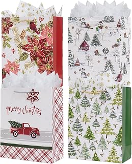 Enfoldia 4 Pack 12.5"Large Christmas Paper Gift Bags with Handles Tag Gold Silver Tissue Paper Holiday Goody Treat Bags Xmas Treat Gift Wrap Party Favor Supplies Winter Weddings Present Wrapping Bulk