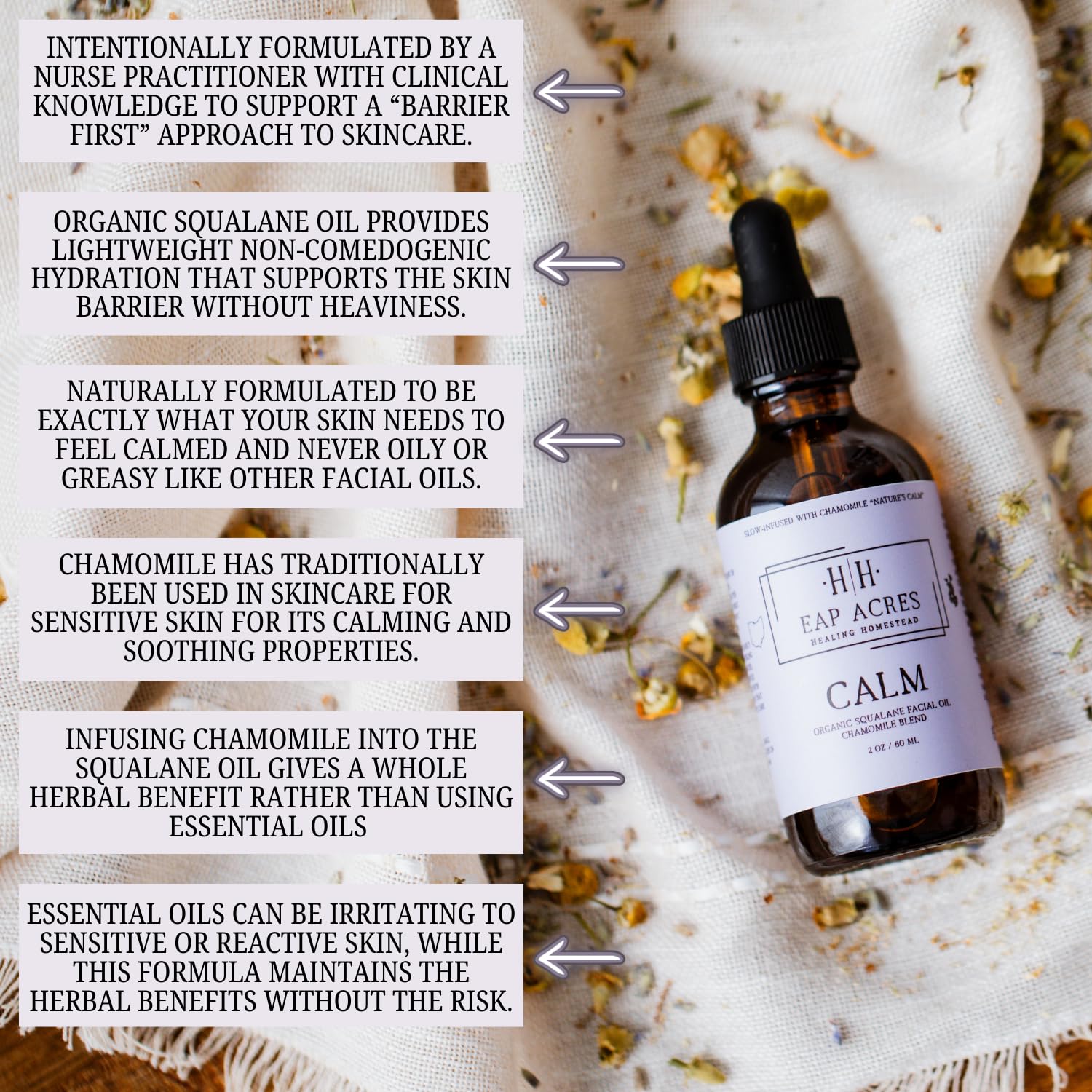 Facial Oil for Dry, Sensitive, Oily, Acne-prone/Mature skin–Organic Squalane oil Infused with Chamomile–Hydrating, Gentle, Soothing, Calming, Eczema, Baby, Nourishing (CALM)