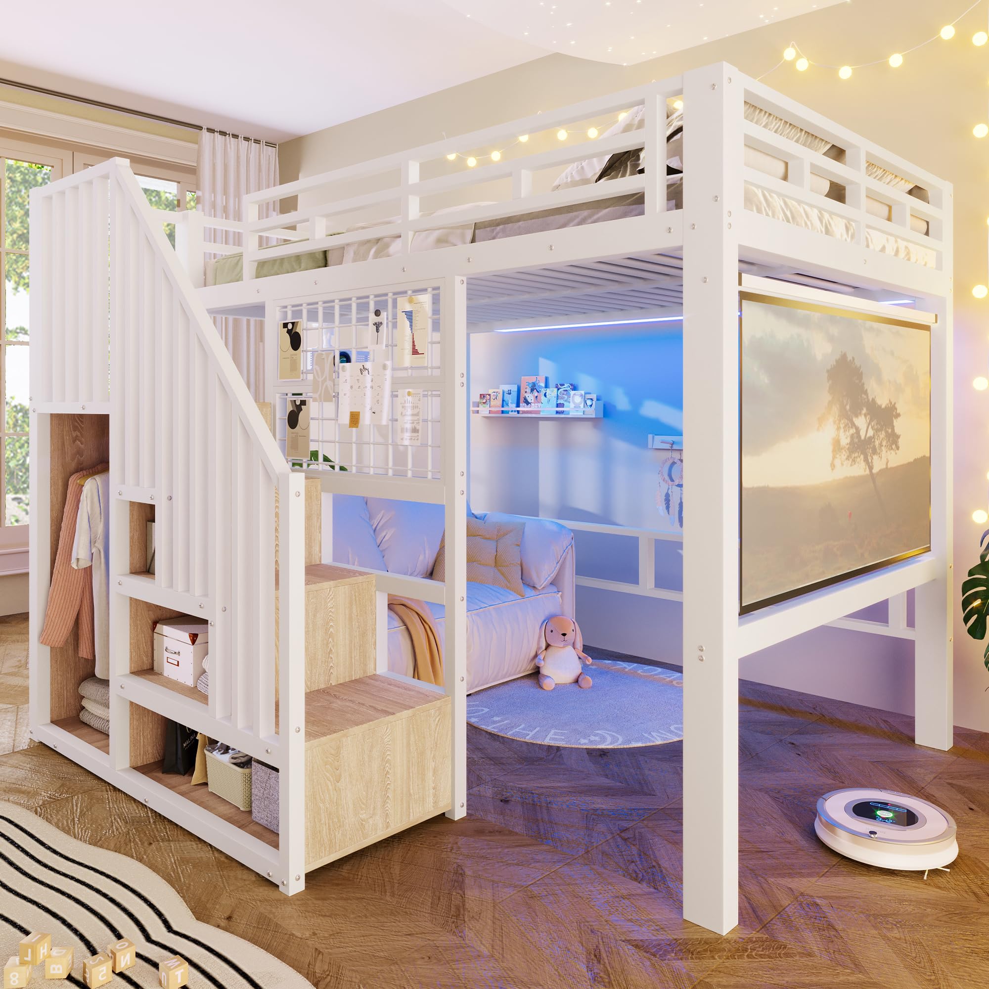 Merax Hochbett 140x200 cm mit Treppe und Stauraum, Metallbett Jugendbett mit LED-Beleuchtung, Gitterwand & Leinwand-Halterung, Platzsparendes Bettgestell (ohne Matratze & Leinwand), Weiß