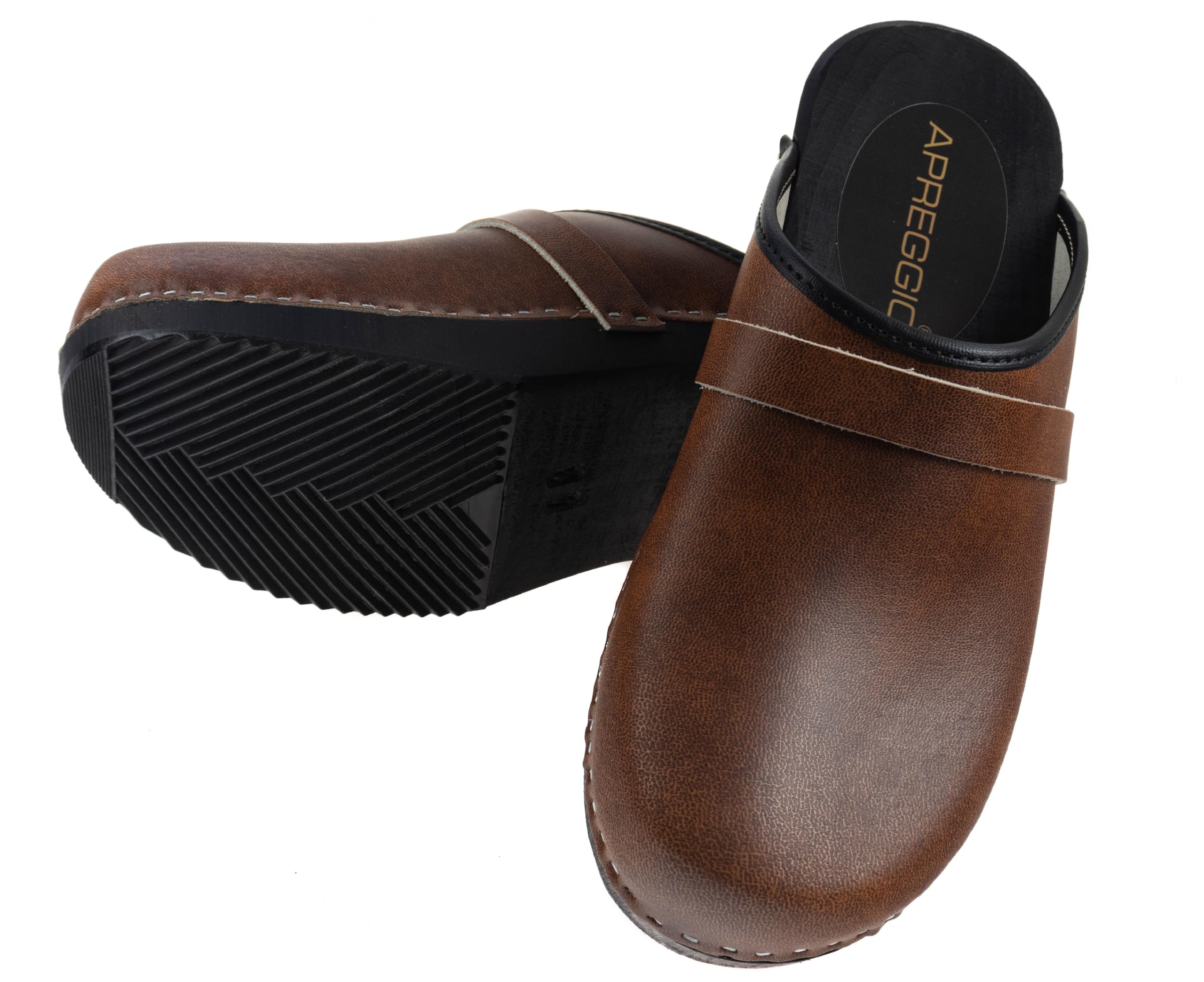 APREGGIO Sabots Homme en Bois et Cuir – Chaussures Confortables pour Jardin – Mules Homme Pratiques- 40/46 EU