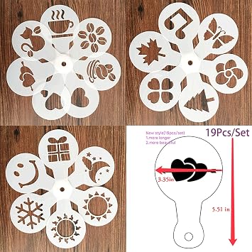 Coffee Decorating Stencils Set, 19 Pieces, Latte Art Templates for Cappuccino, Hot Chocolate, Cake, Cupcake, Reusable PP Plastic, Barista Coffee Art Tools