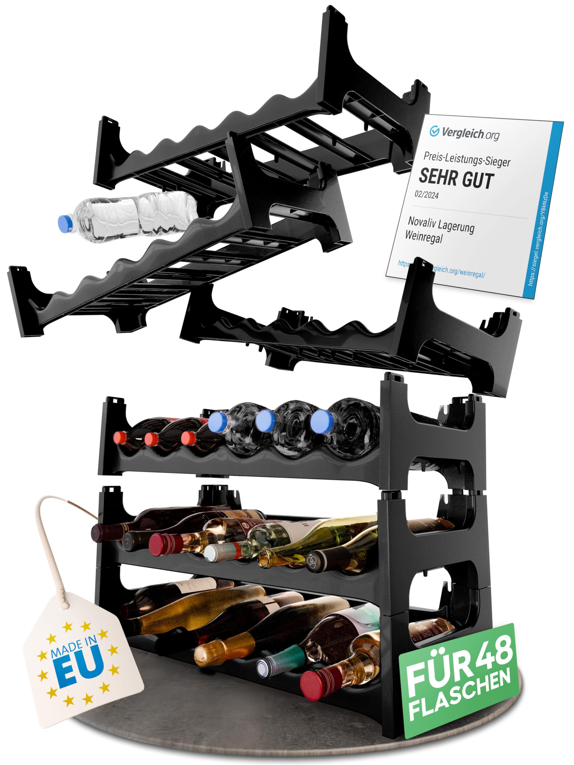 Novaliv Botellero para 48 botellas de plástico, expandible, apilable, negro, estante para bebidas, estante para bebidas, armario para botellas, estantería para bebidas