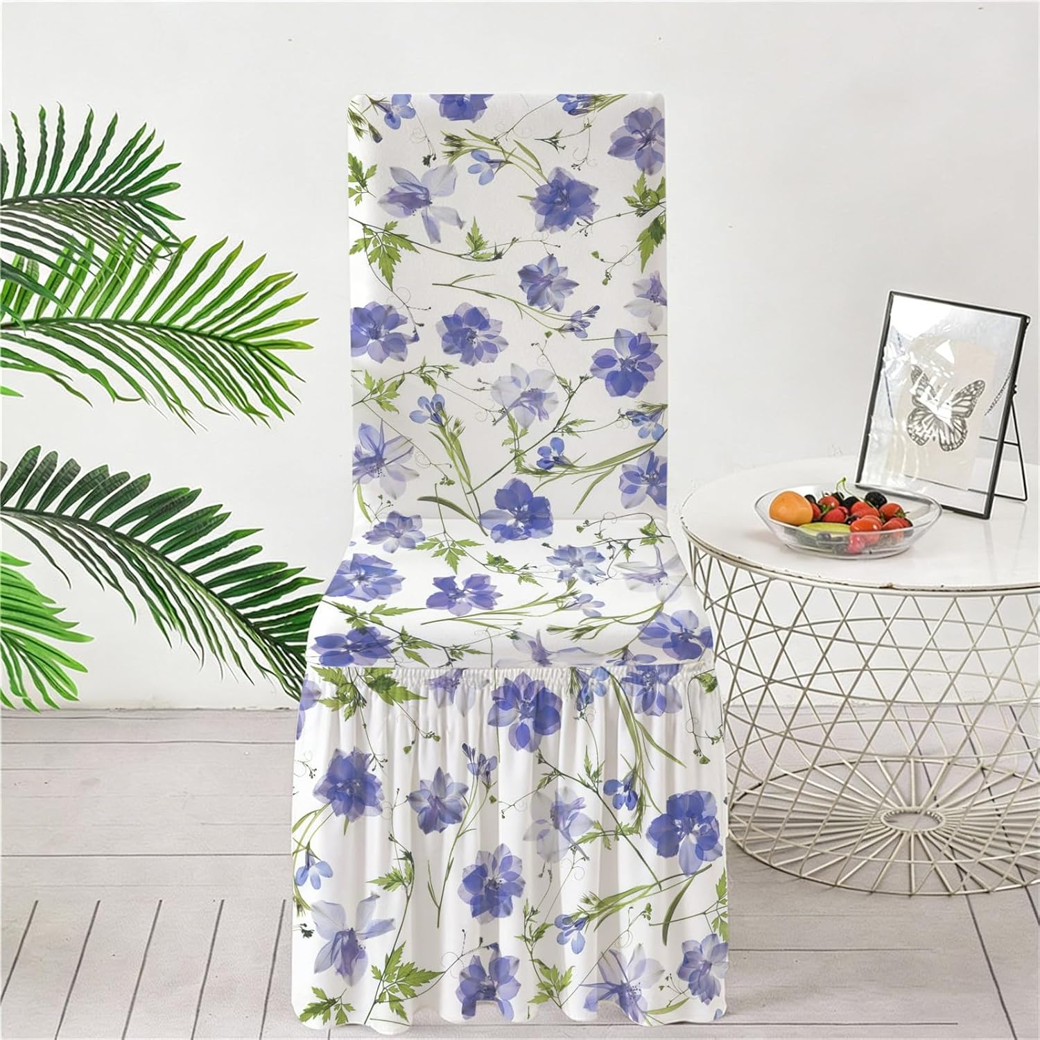Rakila 2 Pack Printed Stretch Dining Chair Covers with Skirt, Spandex Removable Chair Slipcovers for Dining Kitchen Decoration, Blue Floral, Set of 2