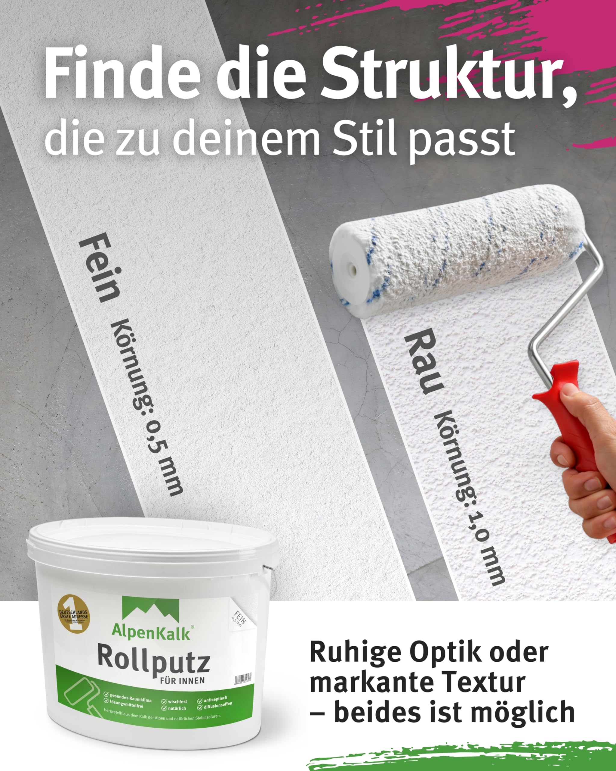 Feiner Rollputz für Innen I 24 kg für ca. 65 m² + Spezialrolle 18 cm I 0,5 mm Körnung I Verarbeitungsfertig & streifenfrei wie vom Profi I Atmungsaktiv, schimmelhemmend & lösungsmittelfrei