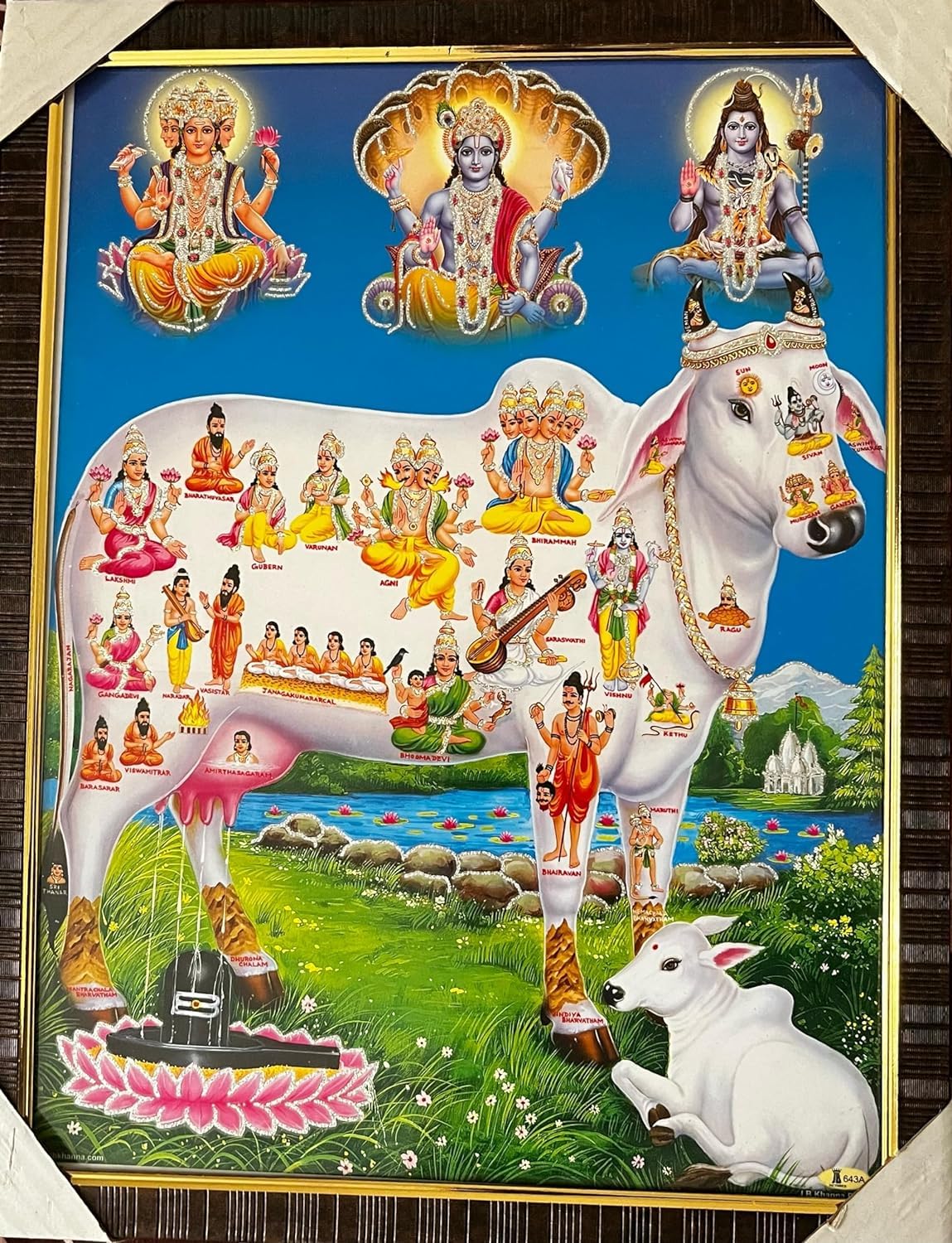 Kamdhenu Cow With Brahm Vishnu Mahesh/Shiva Giving Blessing Religious Photo For Puja Room/Temple/Wall Hanging/Gift/Home Decor With Golden Frame For Worship001