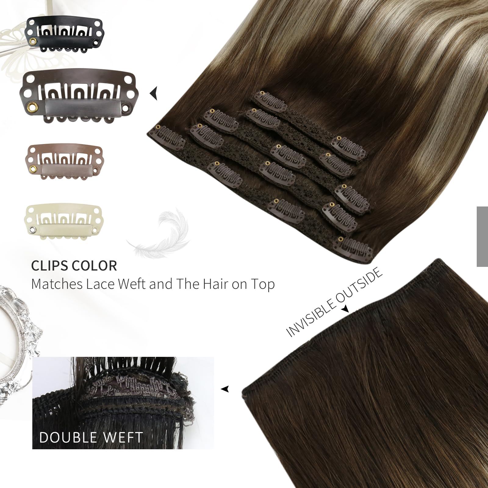 Moresoo Clip in Hair Extensions Real Human Hair Balayage Clip in Human Hair Extensions Dark Brown to Chestnut Brown with Platinum Blonde Clip in Extensions 12 Inch 5 Pieces/80g #4/6/613 - Image 4