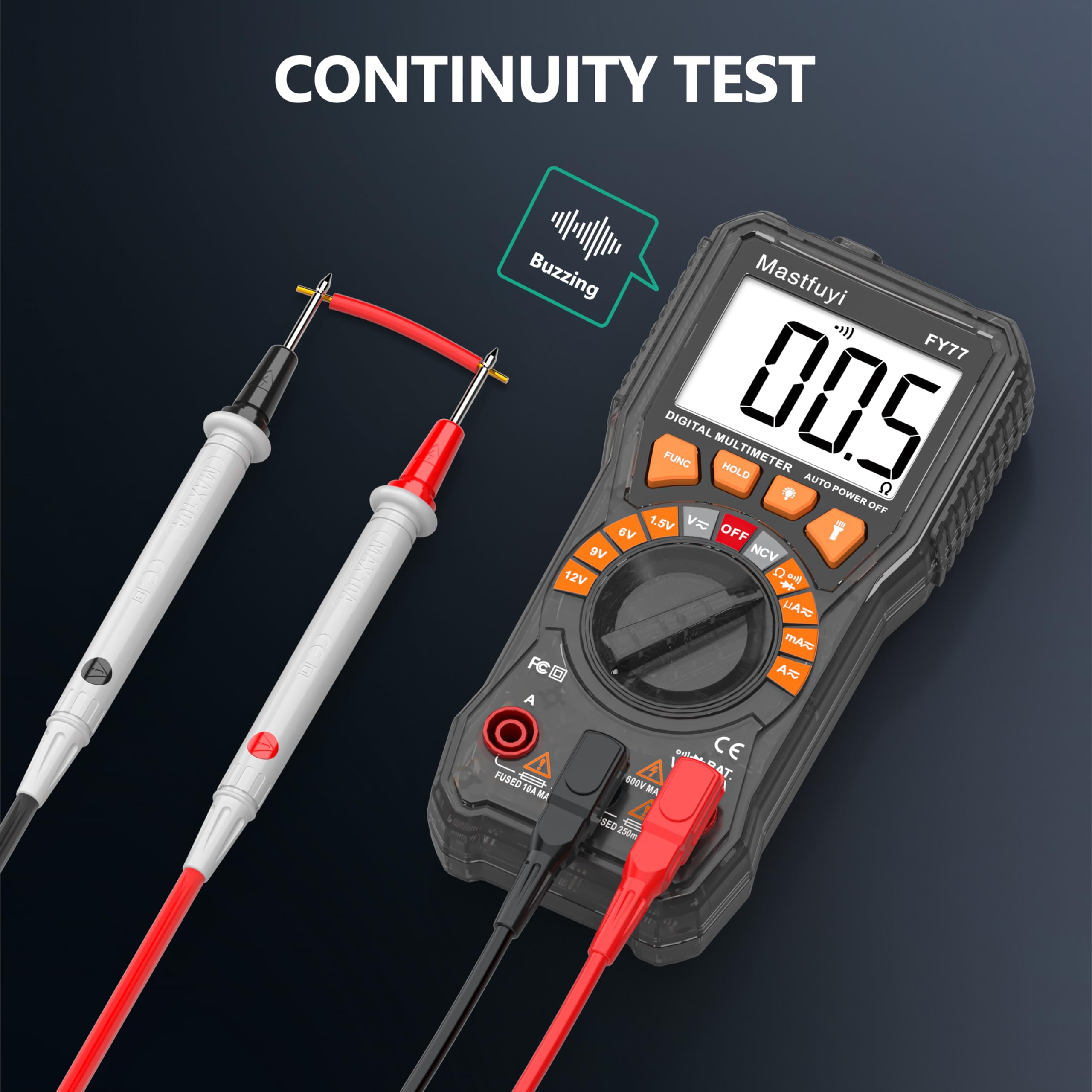 Multimetro Digitale, Tester multiplo con NCV, Test di Gamma Automatico, Tester per Batterie, Conta il Vero RMS 2000, Corrente AC/DC, Tensione AC/DC, Continuità, Resistenza, Diodo