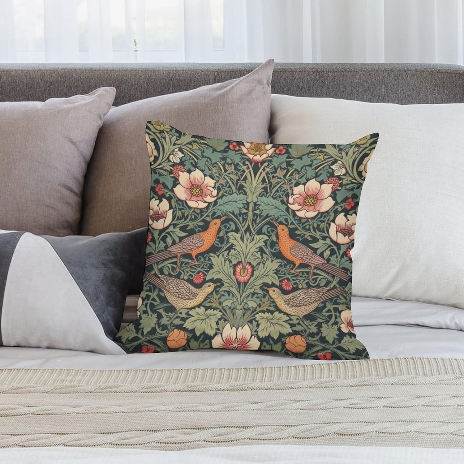 William Morris Pillow Case,Polyester Sofa Throw Pillow Cover Set of 2,Vintage Rustic Art Abstract Green Plant Flower Bird Square Protector Cushion for Sofa Bed Decor 22x22in