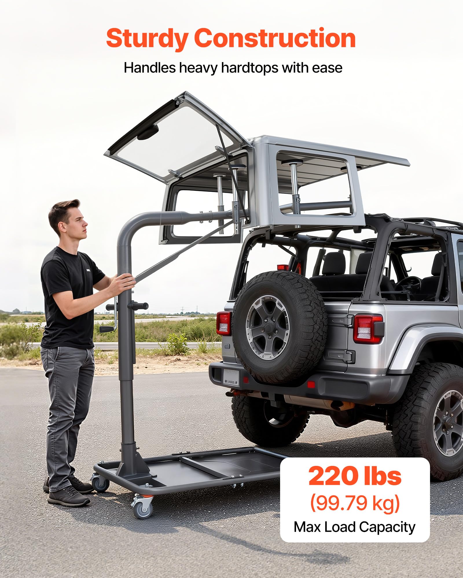 VEVOR Hard Top Remover Lift, 220 lbs, Jeep Hardtop Removal and Storage System, Quick & Easy One-Person Operation, Adjustable Height, for Jeep Wrangler YJ, TJ, JK, JL, 4XE, Ford Bronco 4 Door & 6 Gen+ - 5