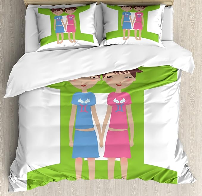 Ambesonne Zodiac Gemini Duvet Cover Set, Green Sign Background with Twin Girl Cartoon Characters for Teens and, Decorative 3 Piece Bedding Set with 2 Pillow Shams, Queen Size, Multicolor