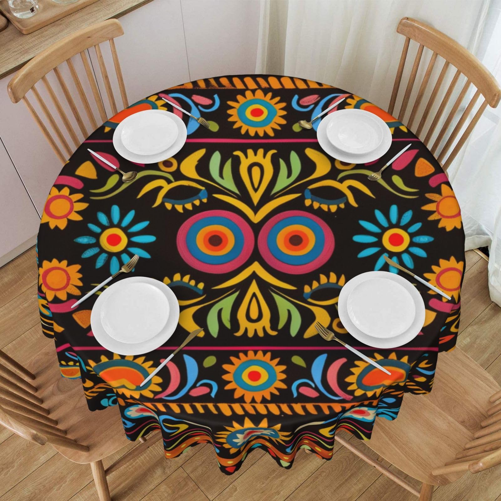 WPKJU Mexican Folk Art Boho Printed Round Tablecloth 60 Inch with Lace Trim, Water-Resistant Washable Table Cover for Farmhouse Weddings, Outdoor Picnics & Holiday Dining