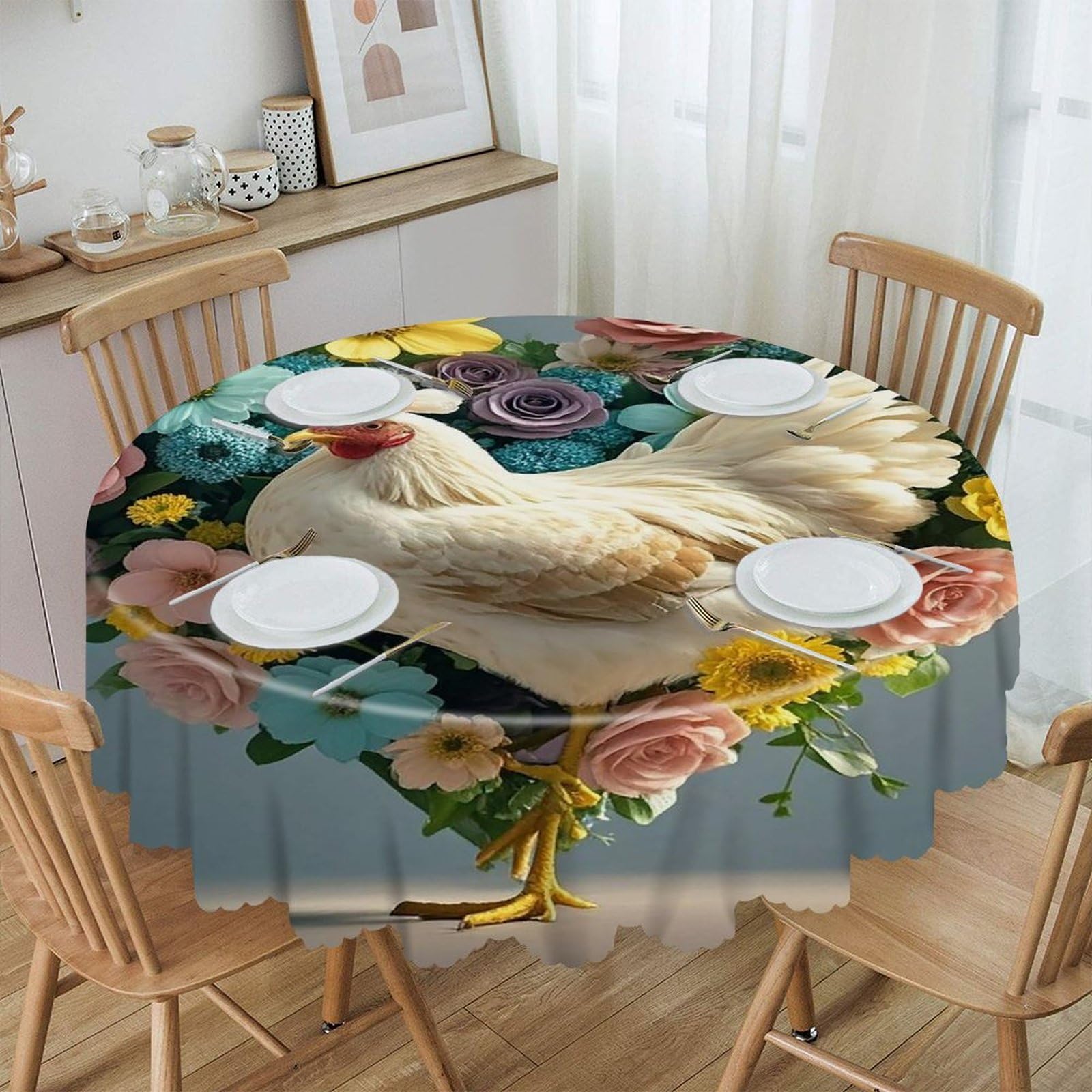 FekiLoot Flower Heart Chicken Round Tablecloth 60 Inch Waterproof Heavy Duty Table Cloth Spillproof Washable Table Cover Wrinkle Resistant Tablecloths Decorative Table Cloths