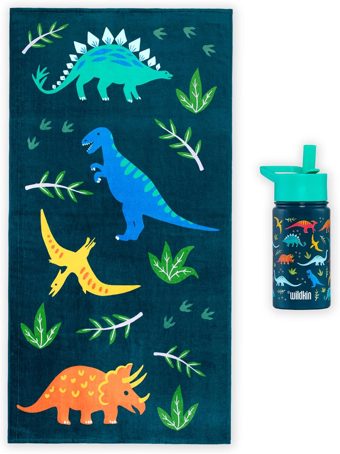 Wildkin Kids Beach Towel Bundle with 14 Ounce Steel Water Bottle (Jurassic Dinosaurs)