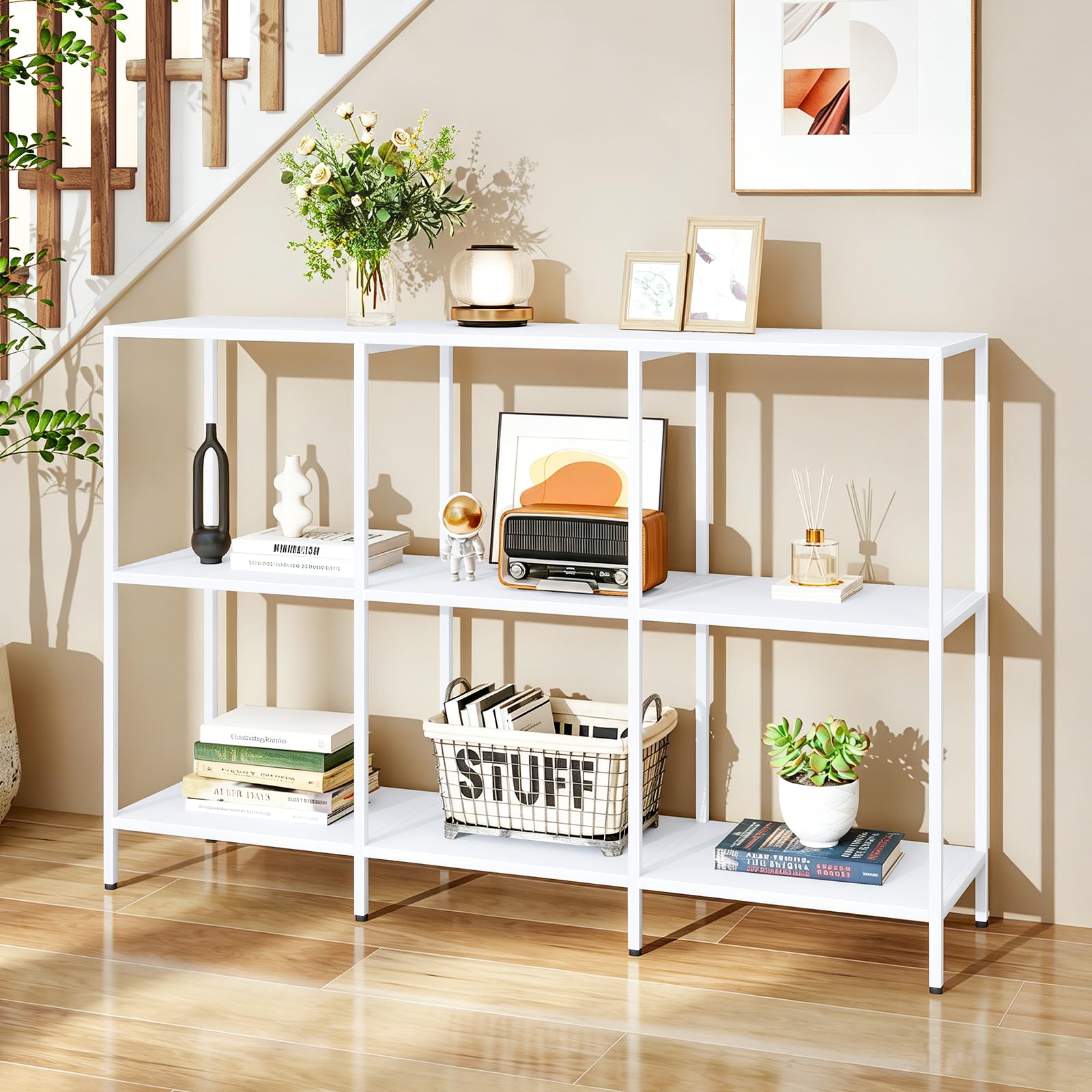 DCLRN 47 Inch 3 Tier Metal Console Table with 4 Storage Units, White