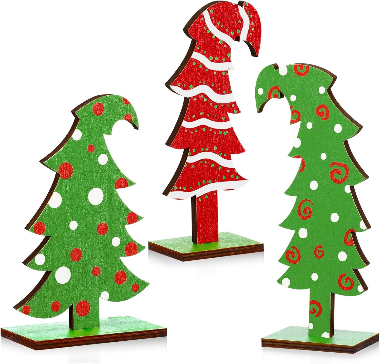 Meooeck 3 Pcs Lime Green Wood Christmas Tree Tabletop Bendable Christmas Tree Small Decor Farmhouse Standing with Rectangular Base for Home Office Tabletop Decor(Lines)