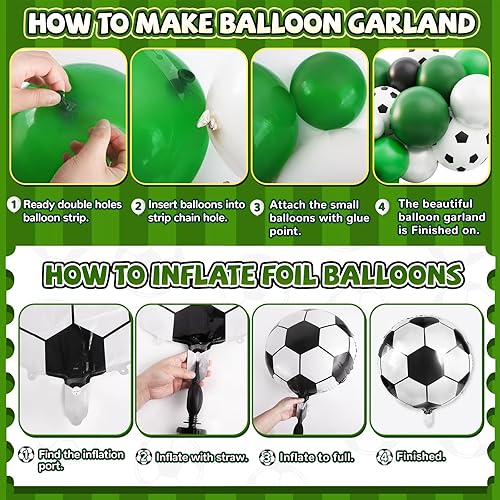 Miniatura 7 de Decoraciones de fiesta de fútbol, 113 piezas de guirnalda de globos de fiesta de fútbol, globos verdes, blancos y negros con globos de papel de