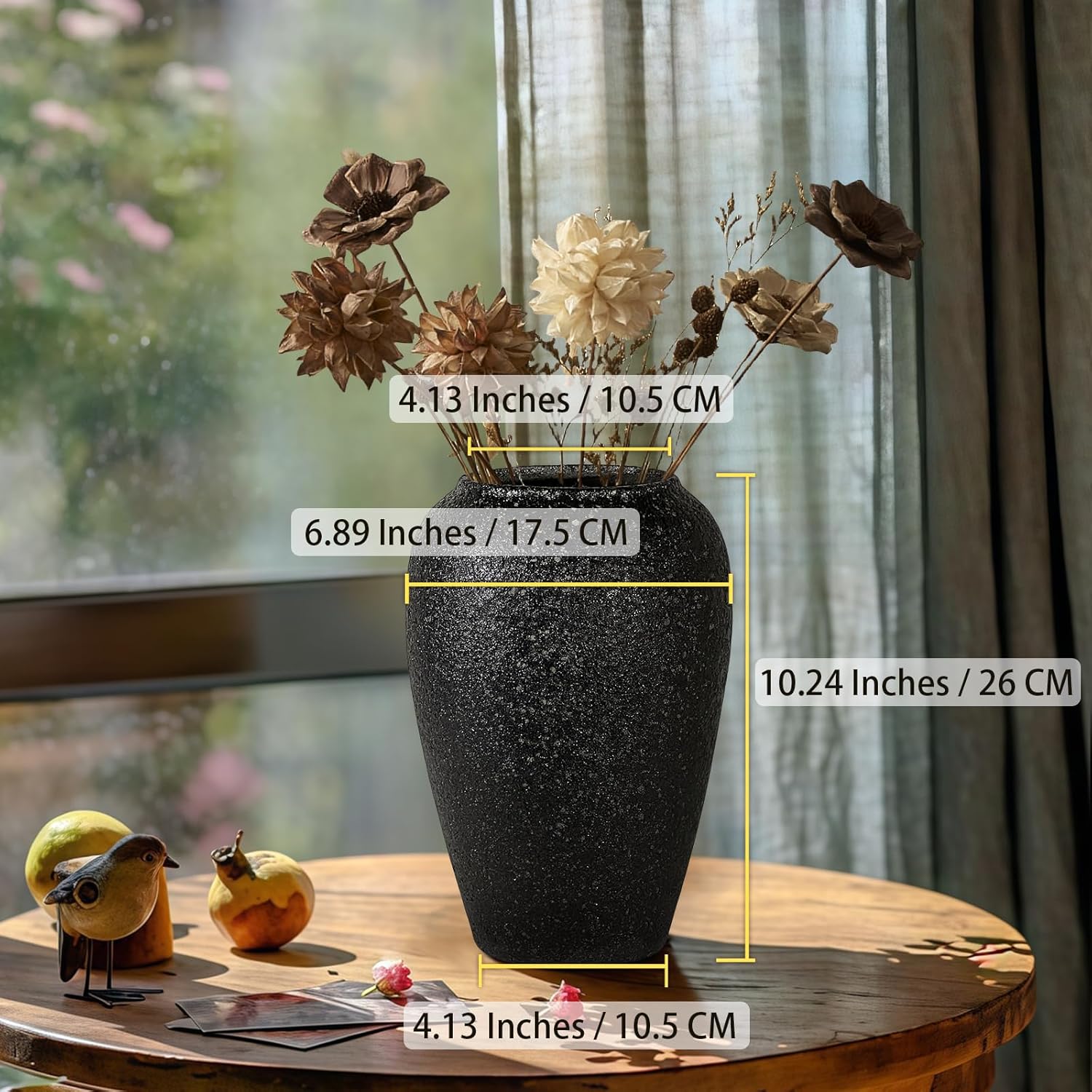 Rustic Large Ceramic Vintage Vase,Matte Black 10.2 Inch Tall Pottery Farmhouse Floor Vase for Living Room Entryway Table Centerpiece Decor,Boho Decor Terracotta Vases for Wedding Housewarming Gift