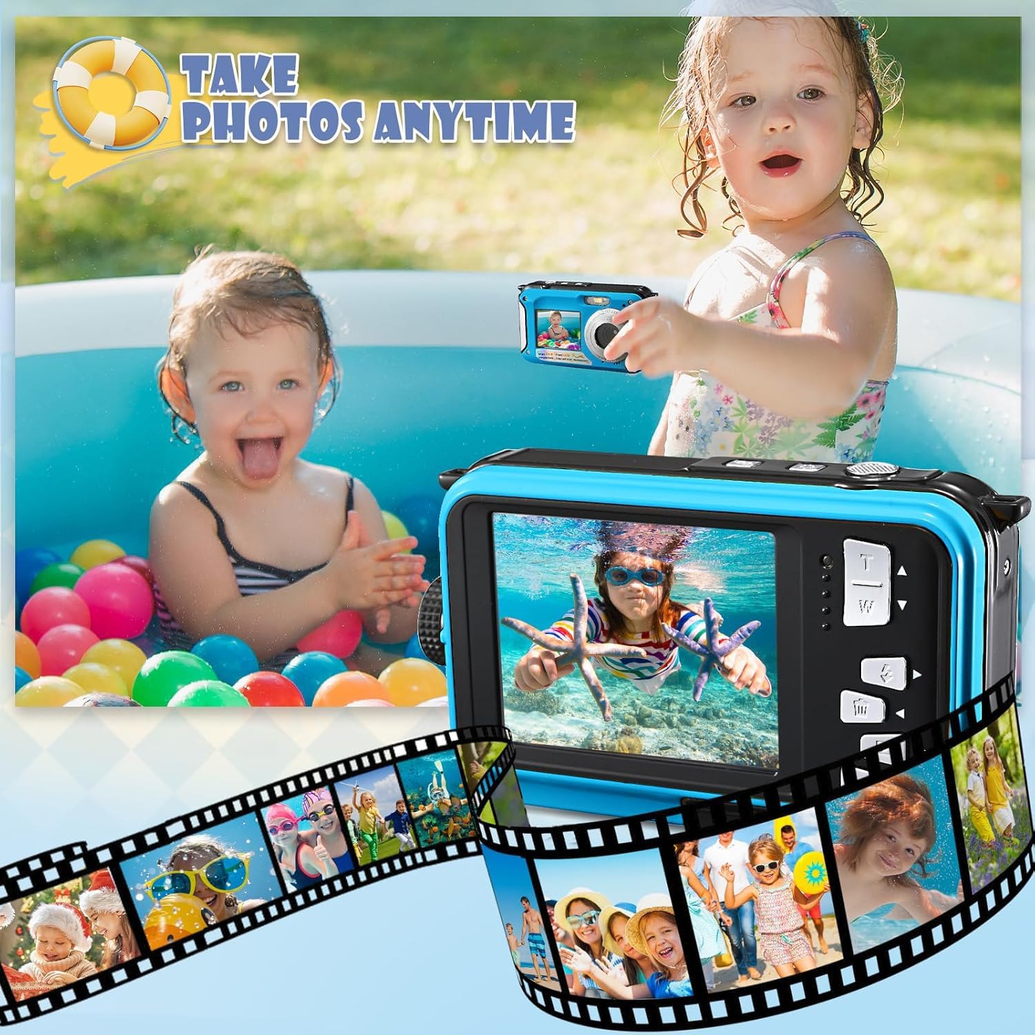 Cámara Digital Impermeable,Couleeur Full HD 2.7K 48MP Doble Pantalla Anti-Shake con micrófono LED Disparador automático y Zoom Digital 16X para niños Adolescentes (Azul)