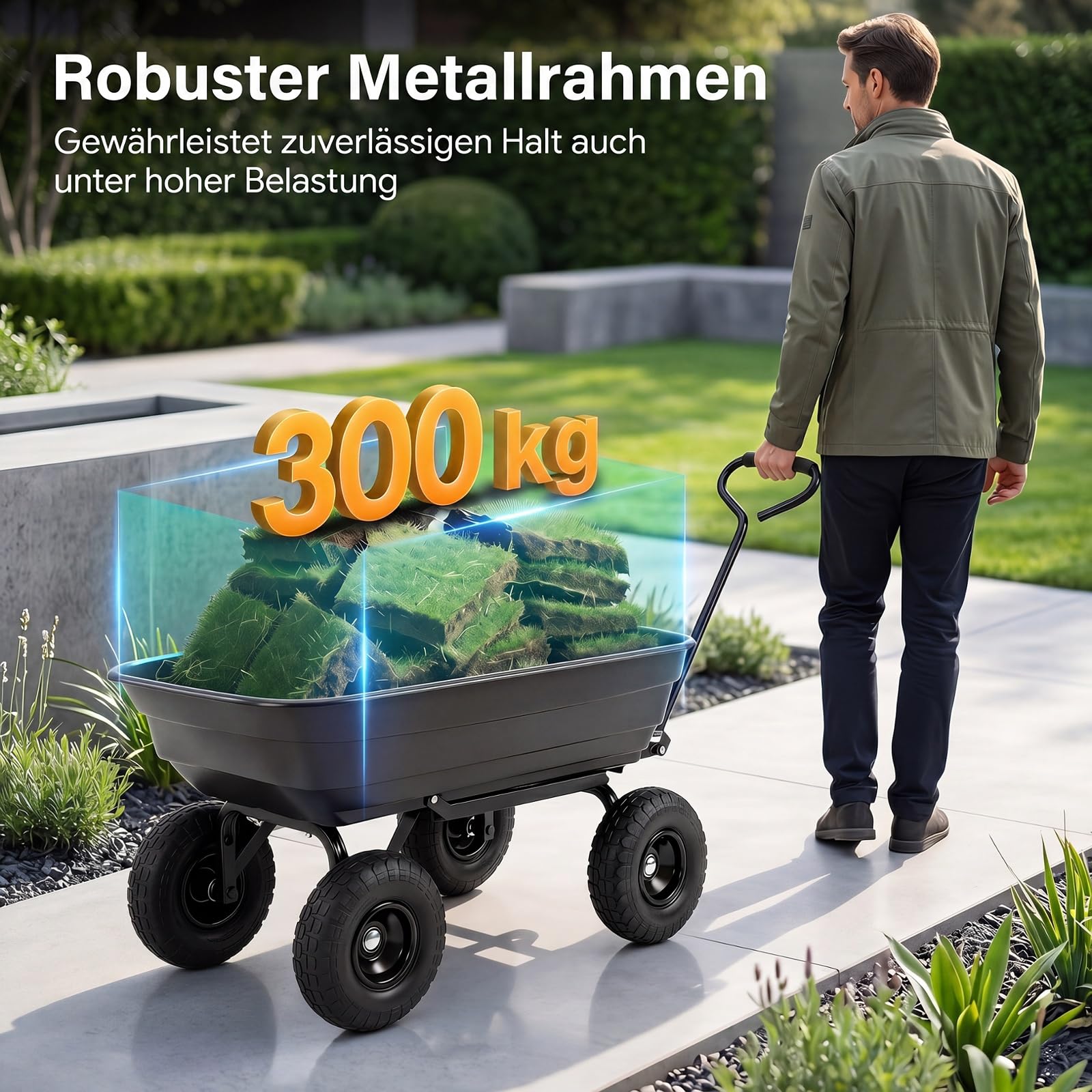 COSTWAY Wózek transportowy, 300 kg | 75 l | funkcja przechylania, wózek ogrodowy z regulowanym uchwytem przesuwnym i oponami pneumatycznymi, wózek transportowy, metalowy, wózek wywrotkowy, wózek