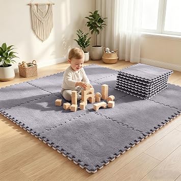 Pack of 12 Interlocking Plush Puzzle Rugs 30 x 30 cm Foam Puzzle Mats Floor Puzzle Mat Baby Carpet Tiles Foam Floor Mat Living Room Bedroom Carpet Tiles Grey