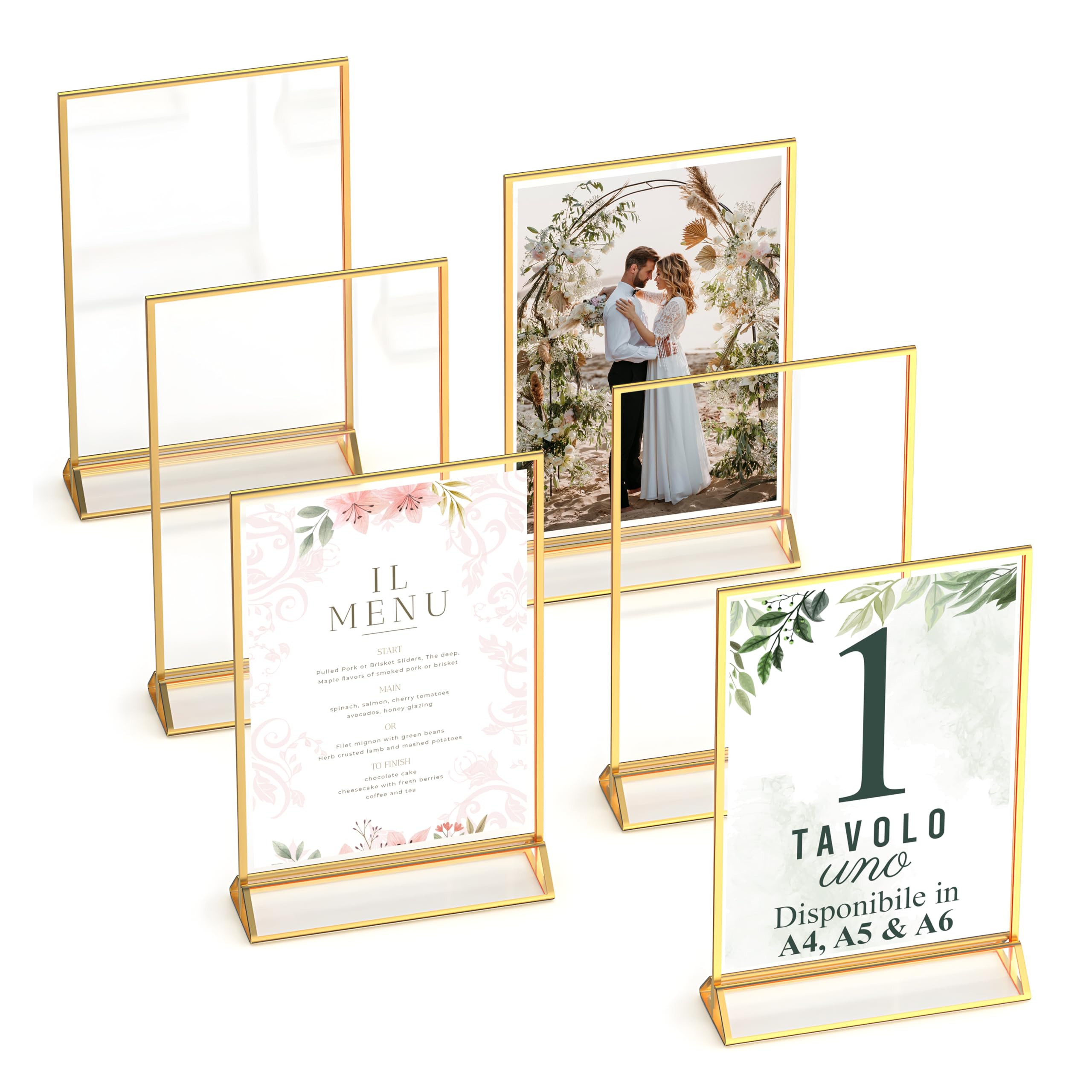 Dasher Products Cornici Dorate a Doppia Faccia A6-6 Pezzi - Portanumeri da Tavolo in Acrilico Dorato, Porta-Brochure da Banco, Supporti da Tavolo Trasparenti per Insegne, Portamenu, Cornice per Foto