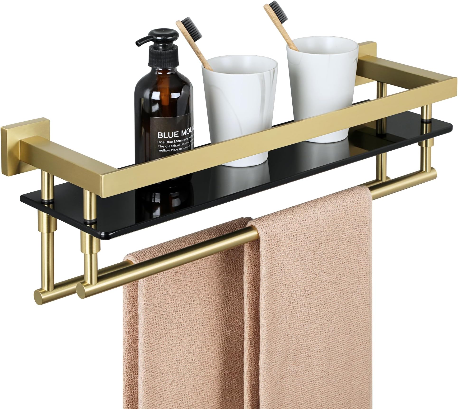 Bathroom Shelves Glass Shelf with 2 Bars,Wall Mount Floating Shelves SUS 304 Stainless Steel Glass Rack Holder Storage Organizer,Gold and Black,GK9050-GB