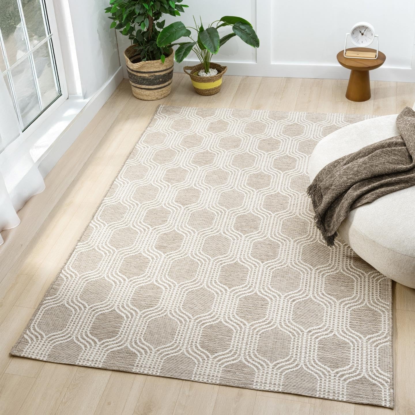 LUXE WEAVERS Moroccan Geometric Trellis Taupe 4x5 Area Rug, Outdoor Low Pile Carpet