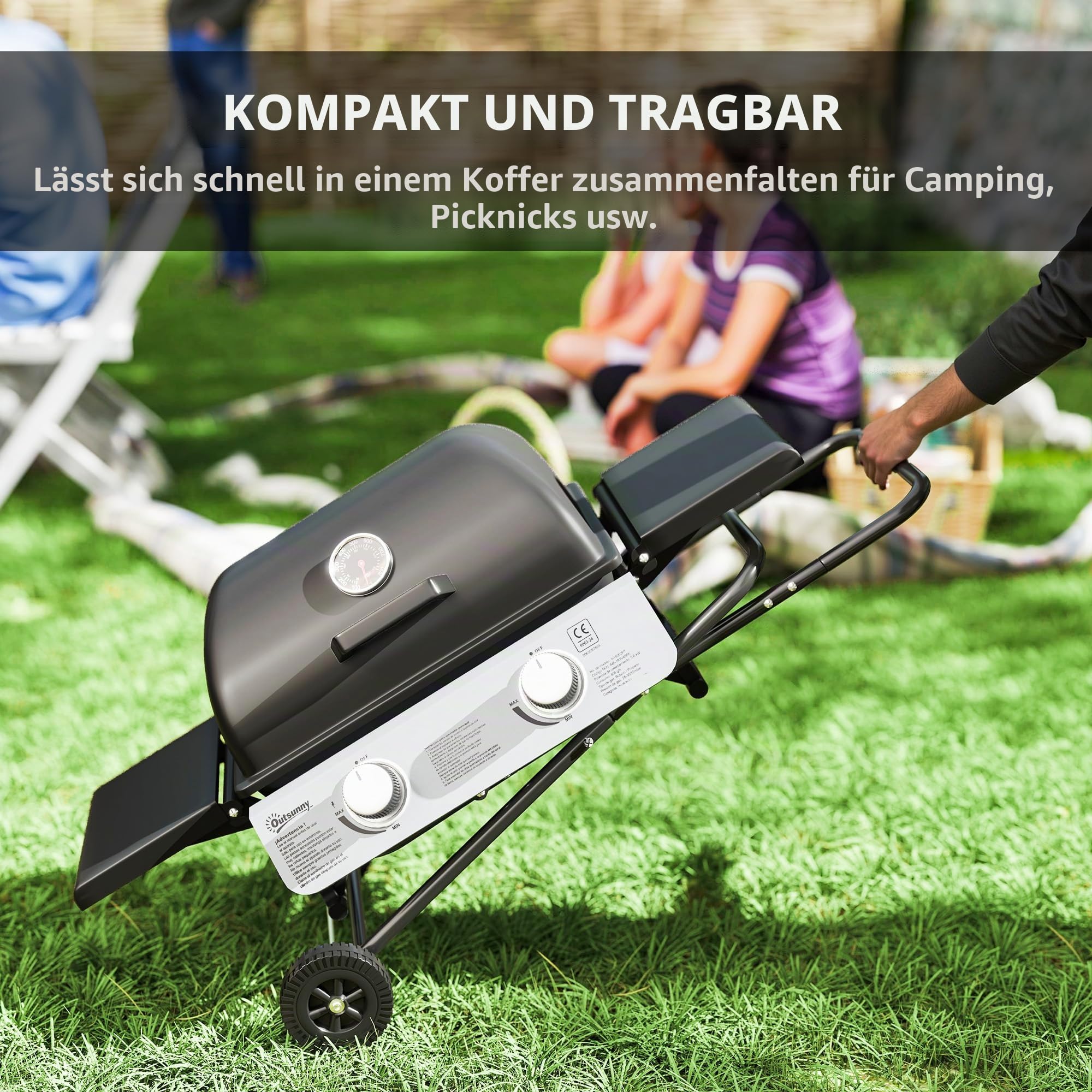 Outsunny Tragbarer Gasgrill, klappbar, 2 Brenner 5,6 kW, Camping-Gasgrill mit Grillrost, Seitenablagen, Deckel, Thermometer und Rädern, für Camping, Garten und Balkon, Schwarz