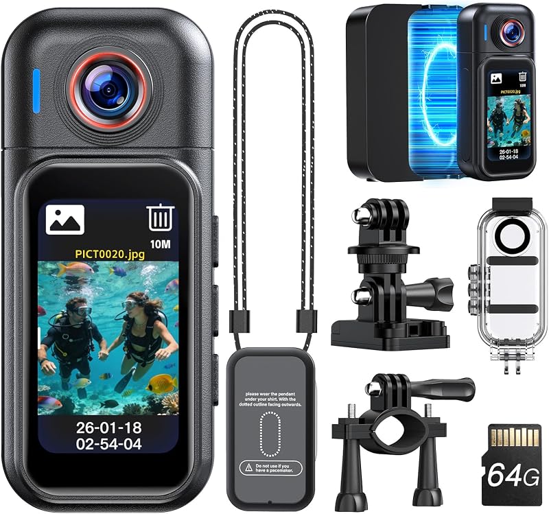 BOBLOV W3 Mini Body Camera Waterproof, 64GB Touch Screen Wearable Camera | 7H recording, charging dock, magnetic clips and up to 33FT waterproof case for vlogging, travel, cycling and daily use