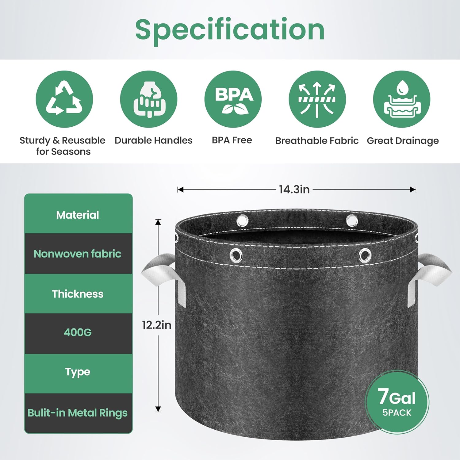 InfiniPower 10 Pack 7 Gallon Plant Grow Bags, 400G Thick Nonwoven Fabric Pots with Multi-Purpose Rings and Handles, Reusable for Low Stress Plant Training Fruits, Vegetables and Flowers
