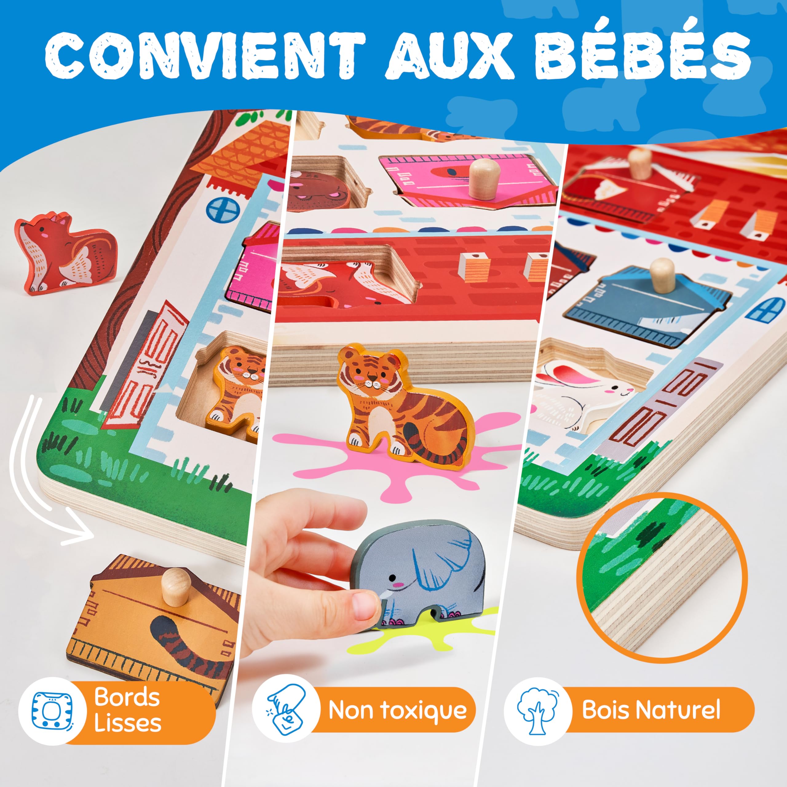 JoyCat Puzzle Bois Enfant 1 An Montessori Jouet Éducatif Animaux 7 Pièces Cadeau Anniversaire