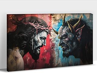 GUTTATY Satan & Jesus Canvas Wall Art, Jesus Abstract Wall Art, Christian Warrior Jesus Wall Pictures, Evil Satan Wall Paintings, Religious Christian Wall Art for Living Room, Bedroom 12x18 Inch
