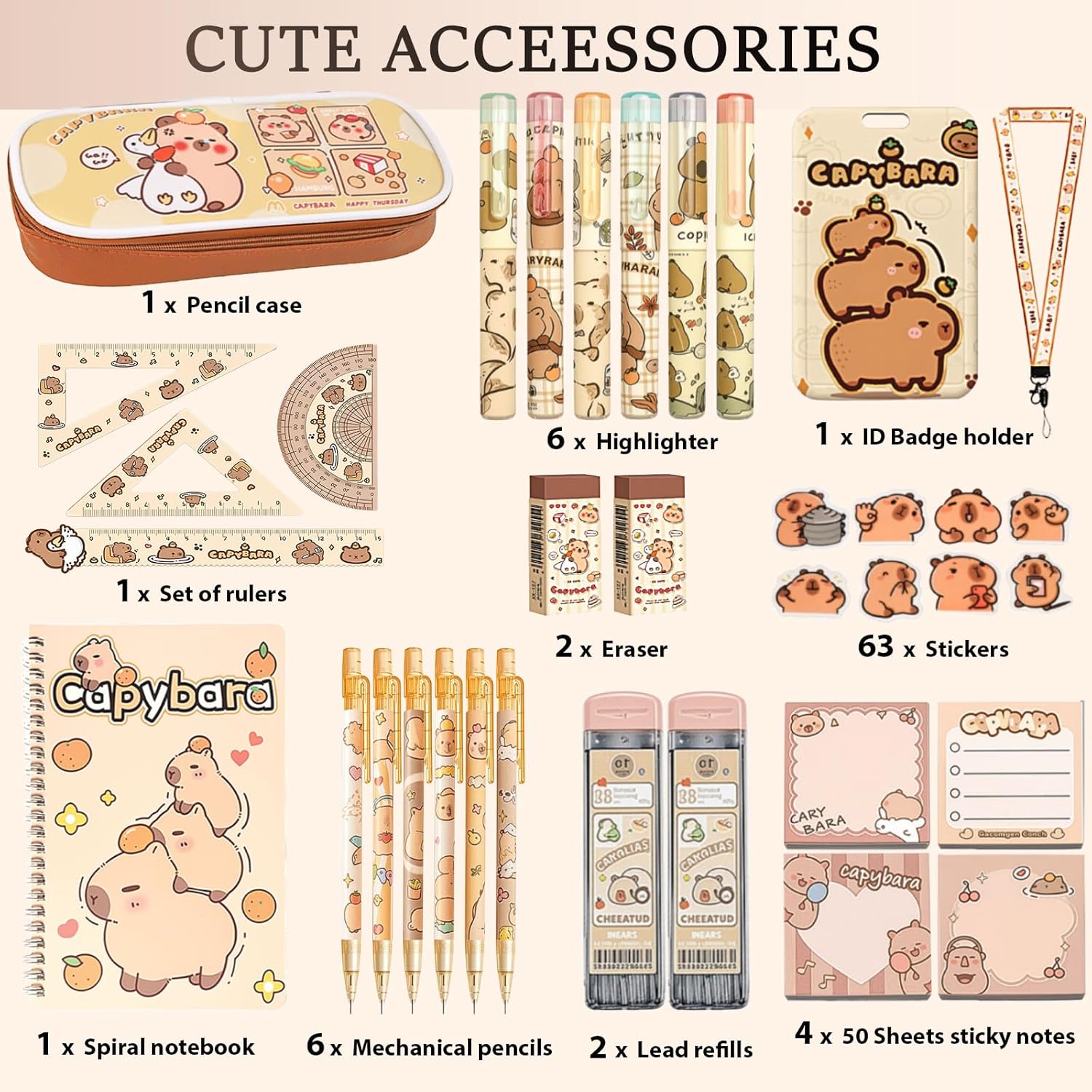 Capybara Stationery Set,Cute School Supplies,Kawaii Stationery Birthday Christmas Gifts,Includes Sticky Notes,Mechanical Pencils,Highlighters,Notebook,Stickers etc,for Office School Supplies