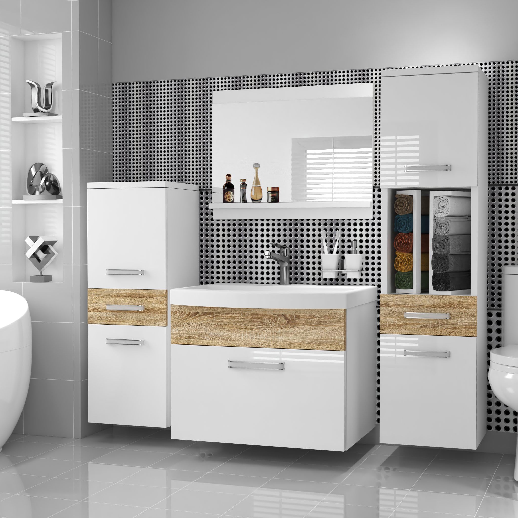 Belini PRIPM5 Szafka łazienkowa pod umywalkę 120 cm biało-dąb Sonoma | Meble łazienkowe Sonoma White-Dąb, montaż ścienny, mechanizm soft-close, panel drewniany FSC, umywalka i lustro w zestawie