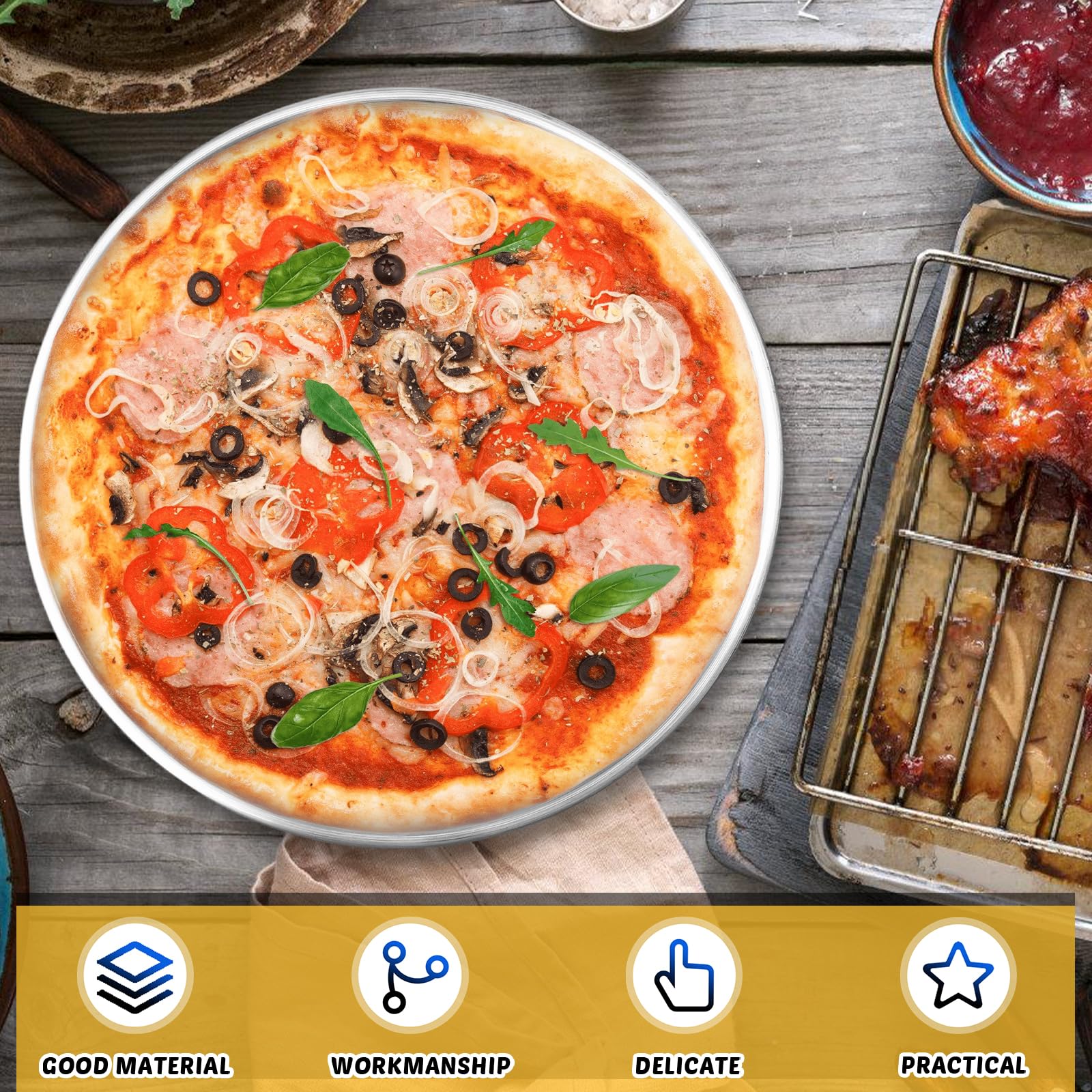 GOMETY Lot de 6 plaques à pizza rondes en acier inoxydable - 26 cm - Sain et non toxique - Facile à nettoyer - Passe au lave-vaisselle