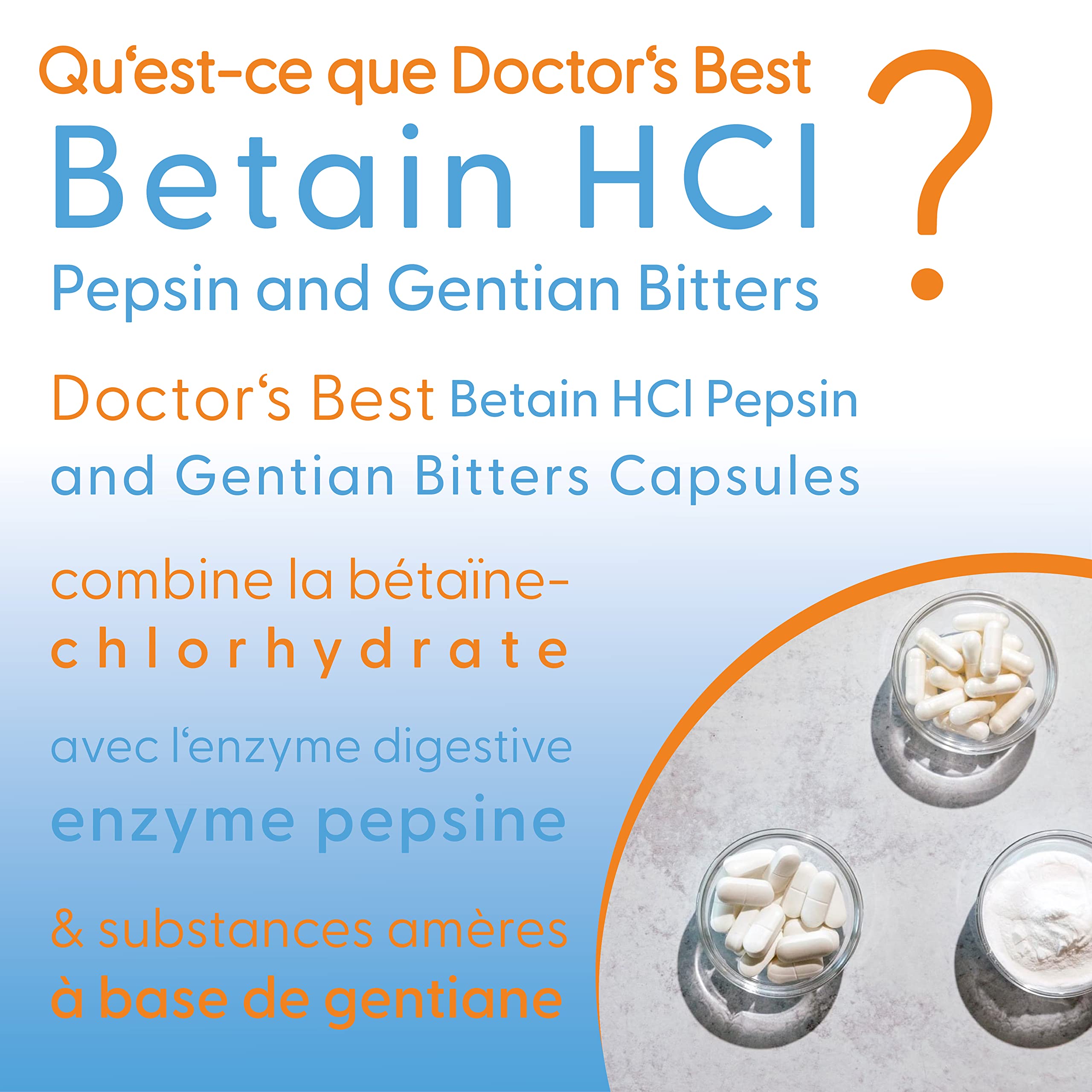 Doctor's Best, Betaine HCI avec Pepsine et Gentiane Amère, 650 mg, 360 Capsules molles, Hautement Dosé, Testé en Laboratoire, Sans Soja, Sans Gluten, Non-GMO
