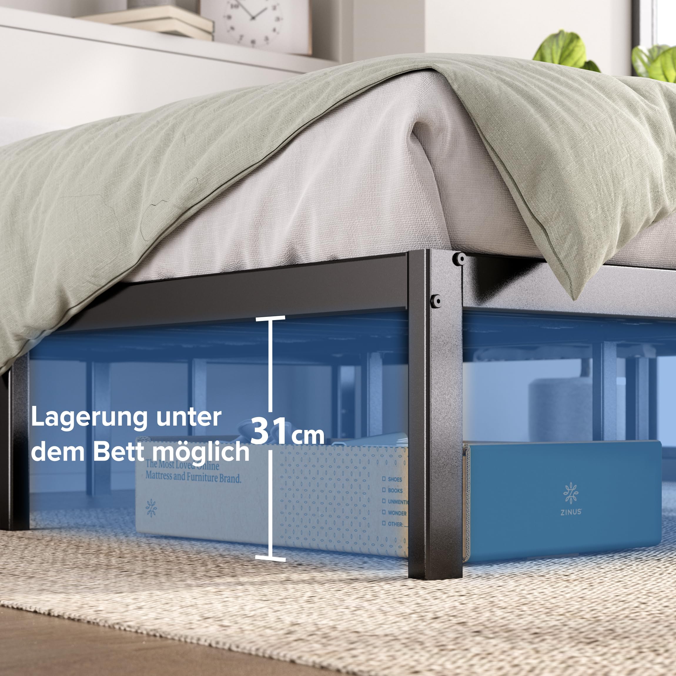 Zinus Elias Bettgestell 140x200 cm - Metallbett 140x200 mit Metall-Lattenrost - 36 cm Hohe Plattform mit Freiraum Darunter - Kein Boxspringbett Erforderlich - Einfache Montage - Schwarz