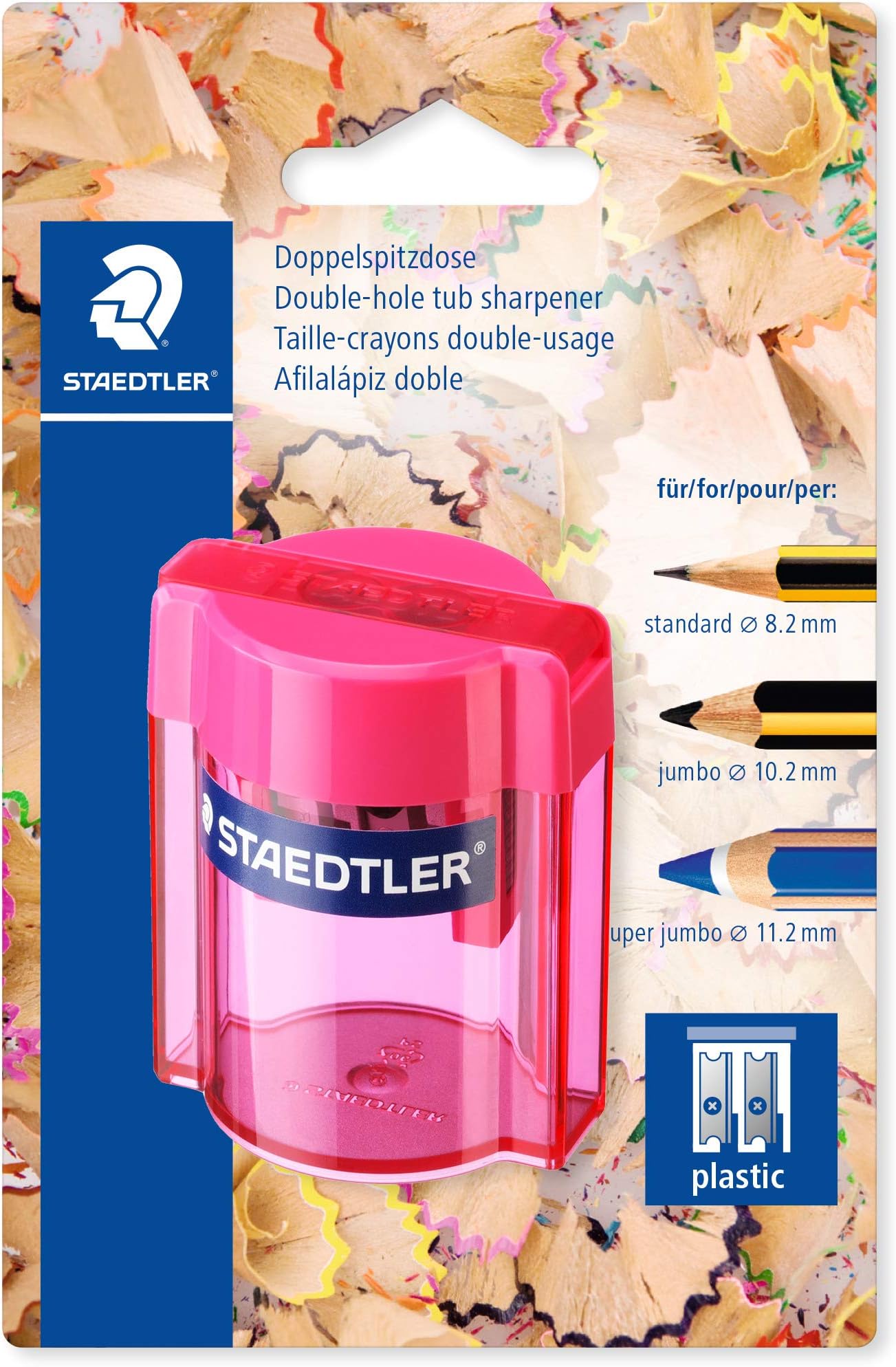 Staedtler 513 – Blister Pack 1 Plastic Pencil Sharpener 2 Uses with Transparent Container Assorted Colours