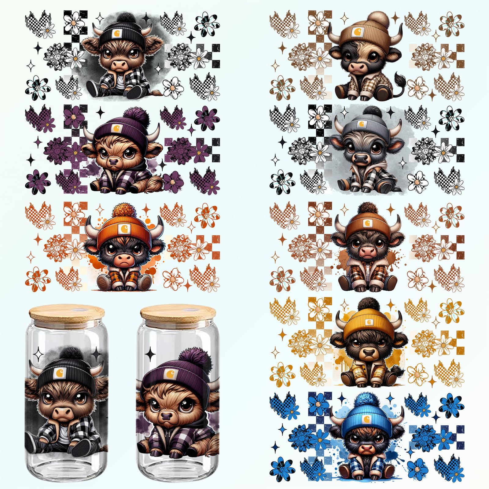 DTF Highland Cow Theme Cup Wrap Stickers, 8-Pack UV Football Cheerleaders Design, 11 x 5 Inches, for 16 oz Cups, Glass and Wood Crafts (400)