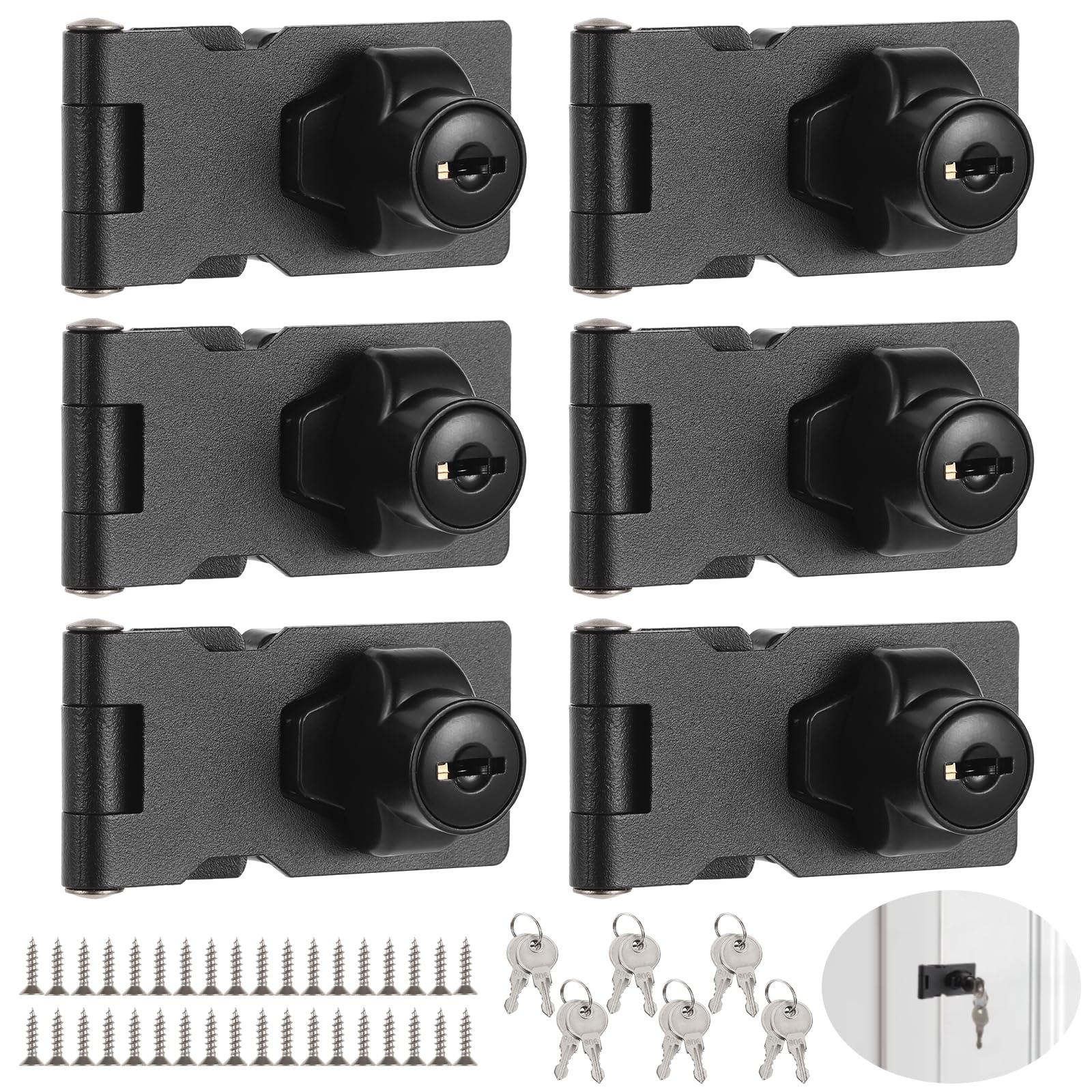 YOFAPA 6 Pcs Hasp Locks with Keys, Twist Knob Keyed Locking Hasps, Stainless Steel Hasp Latches, Heavy-duty Keyed Latch Locks, Safety Hasps for Cabinets, Small Doors